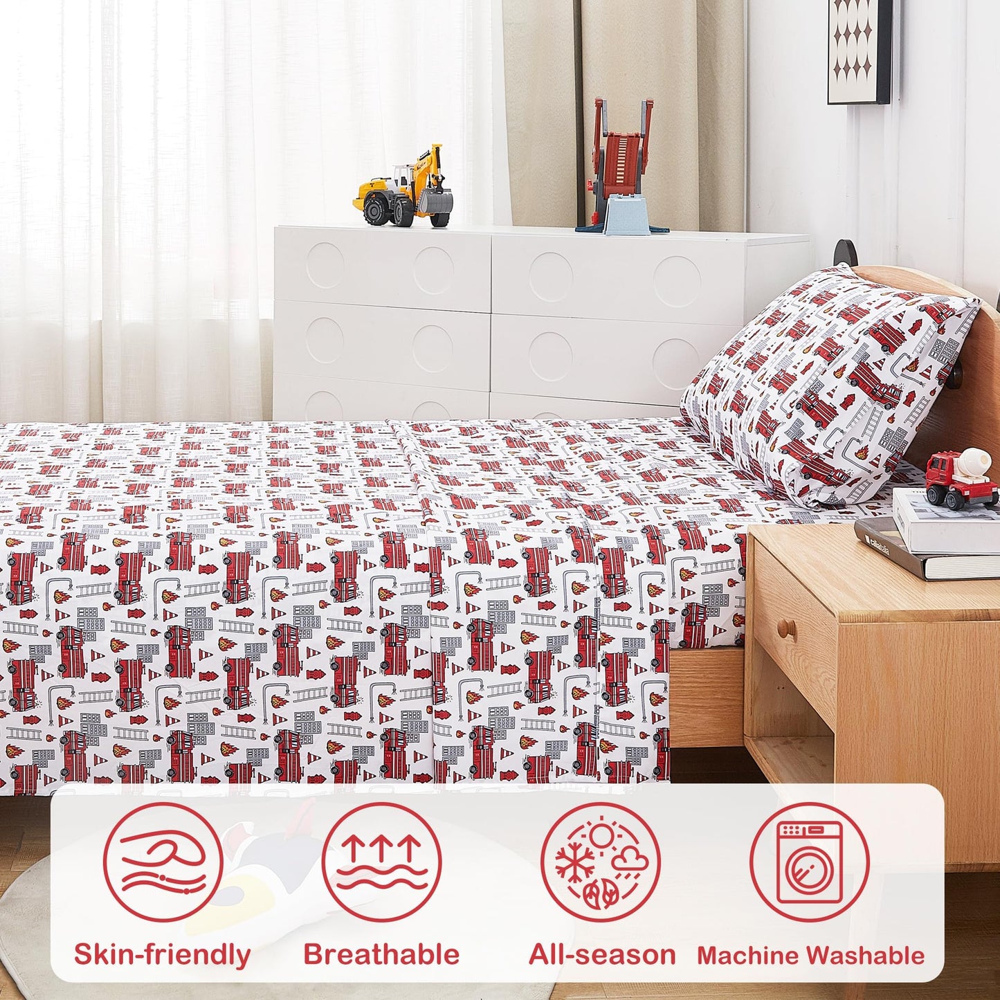Softan Kids Bed Sheet Set, Boys Full Size Sheets, Microfiber Kids Fitted Sheet and Pillowcase, Breathable and Silky Soft, 4 Piece Fire Engines Printed Full Bed Sheet