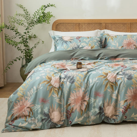 MILDLY King Size Duvet Cover Set 100% Long-Staple Cotton Luxury Vintage Floral Patten Reversible Comforter Cover Set 3Pcs