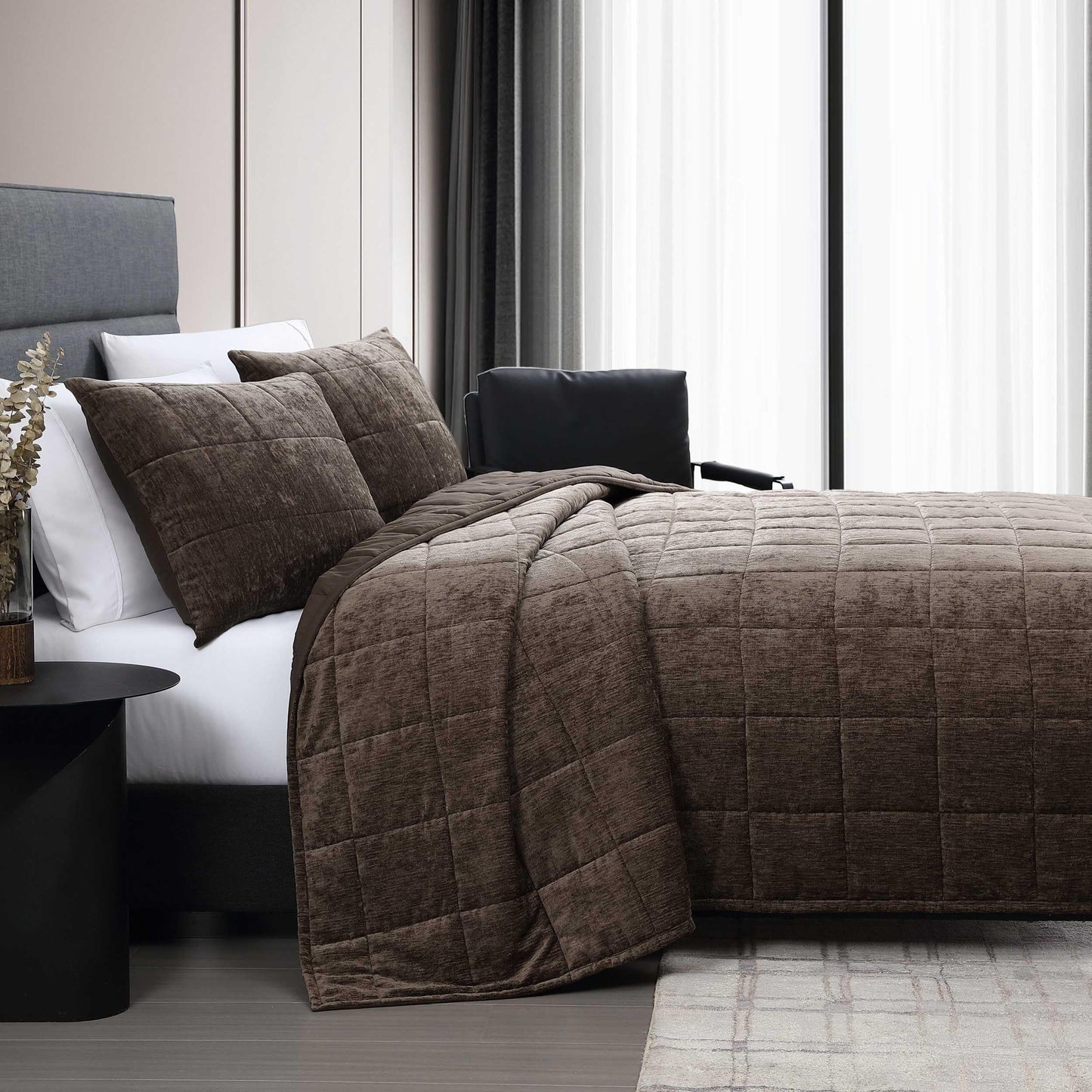 Vera Wang - Queen Quilt Set, Super Soft Bedding Set with Matching Shams, Modern Room Essentials (Chenille Box Solid Chocolate Brown, Queen)