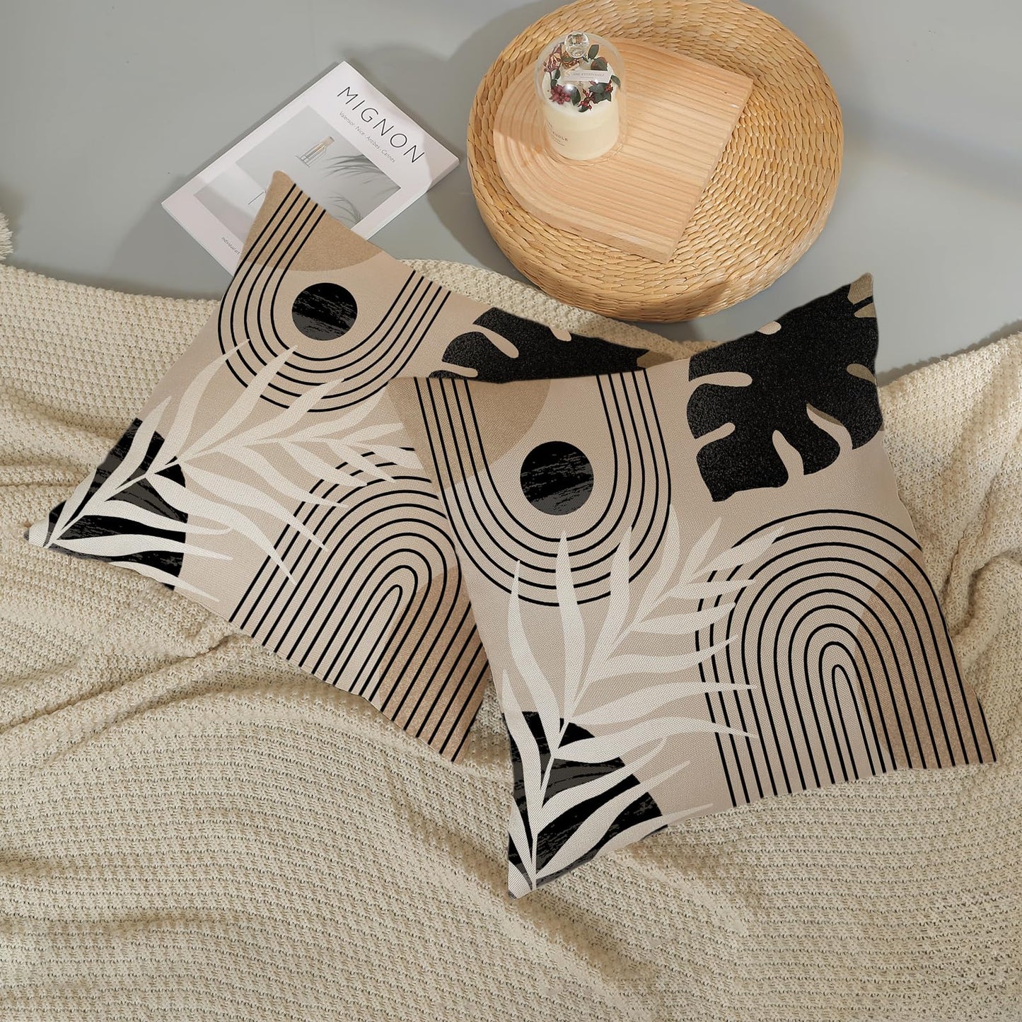 JEFERSO Boho Pillow Covers 18x18 Set of 2 Mid Century Black Beige Tropical Leaf Throw Pillow Covers Outdoor Decor Modern Abstract Decorative Pillow Cases Farmhouse Linen Cushion Case for Couch Sofa