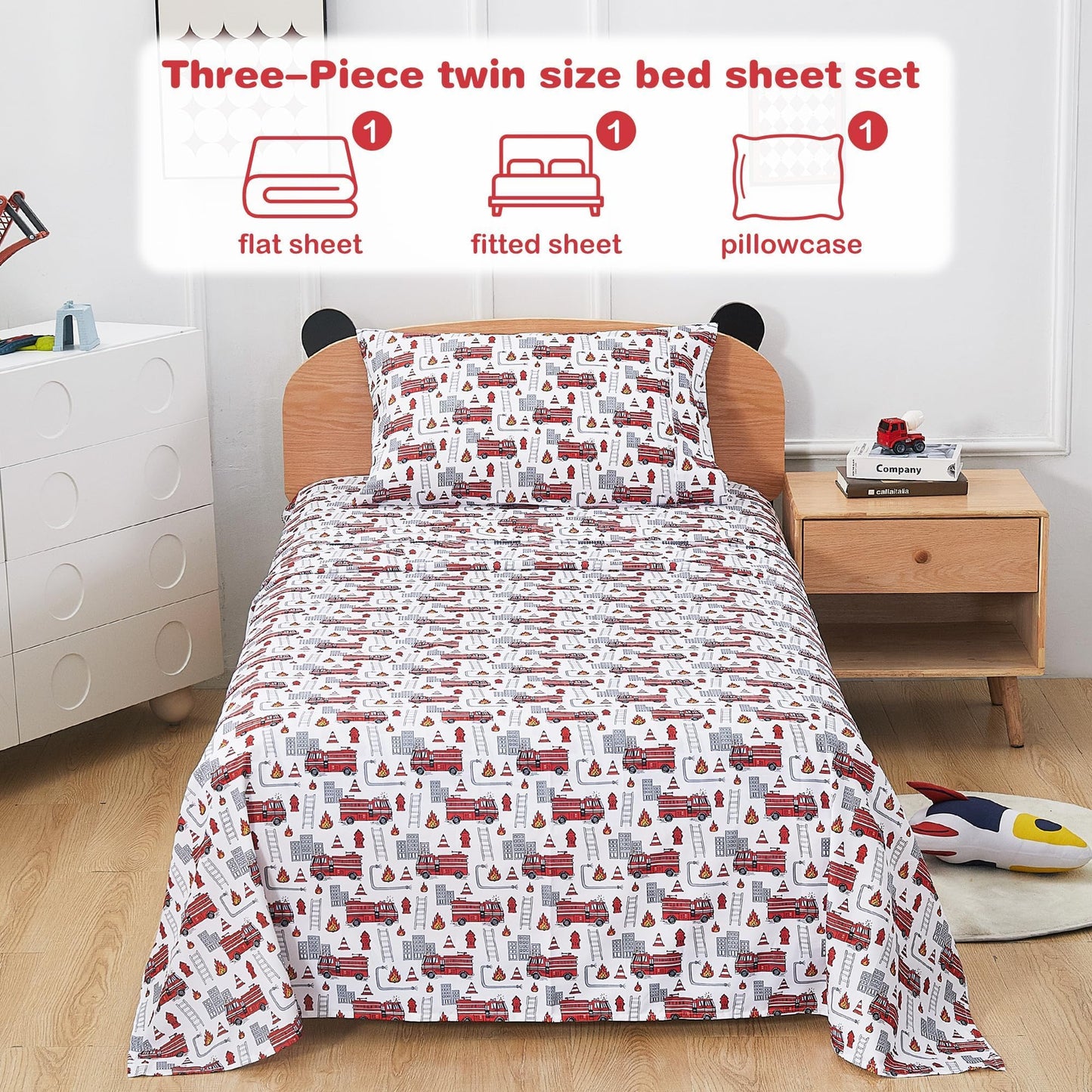 Softan Kids Bed Sheet Set, Boys Twin Size Sheets, Microfiber Kids Fitted Sheet and Pillowcase, Breathable and Silky Soft, 3 Piece Fire Engines Printed Twin Bed Sheet