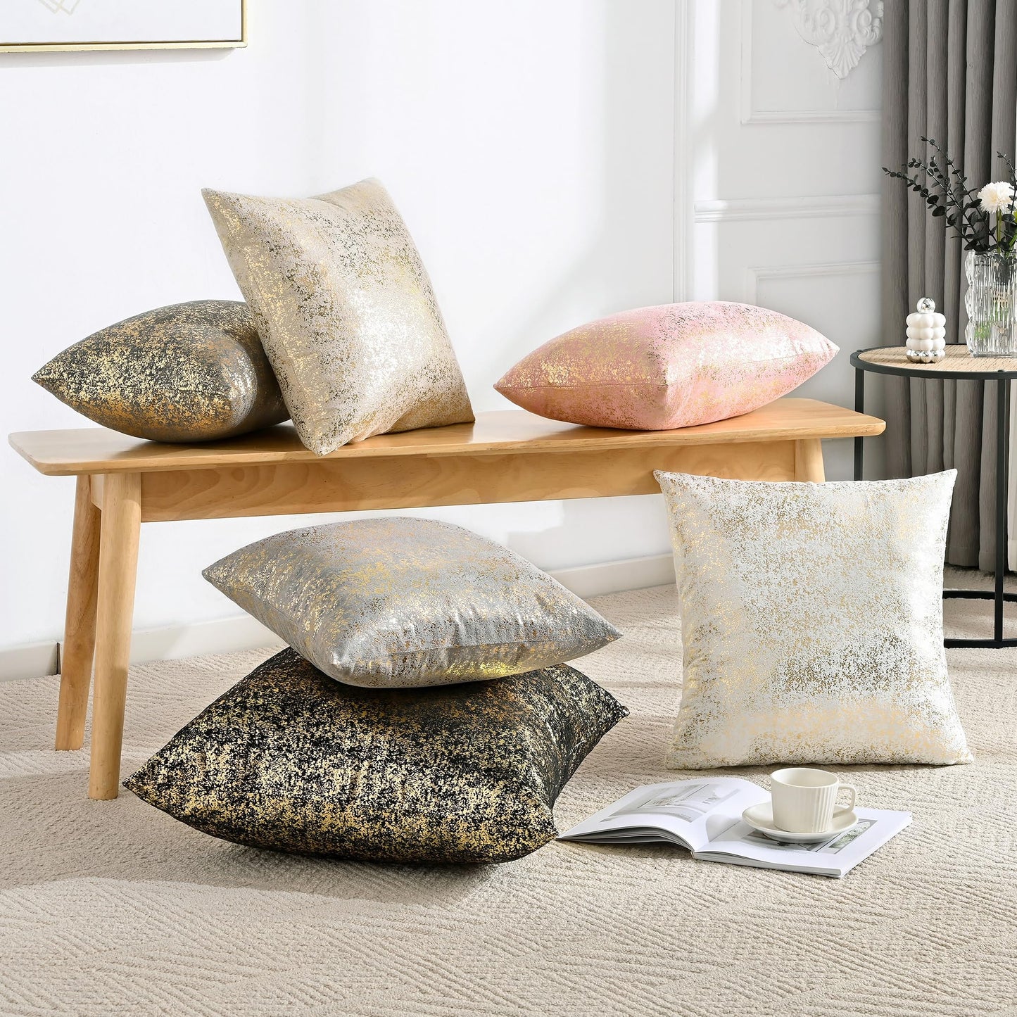JELLYMONI Sparkling Decorative Pillow Covers Set of 2, Gold Glitter Throw Pillows Cover 18 x 18 Inch for Living Room Bed Sofa Couch, Morden Home Luxury Decor(18x18in,Gold White)