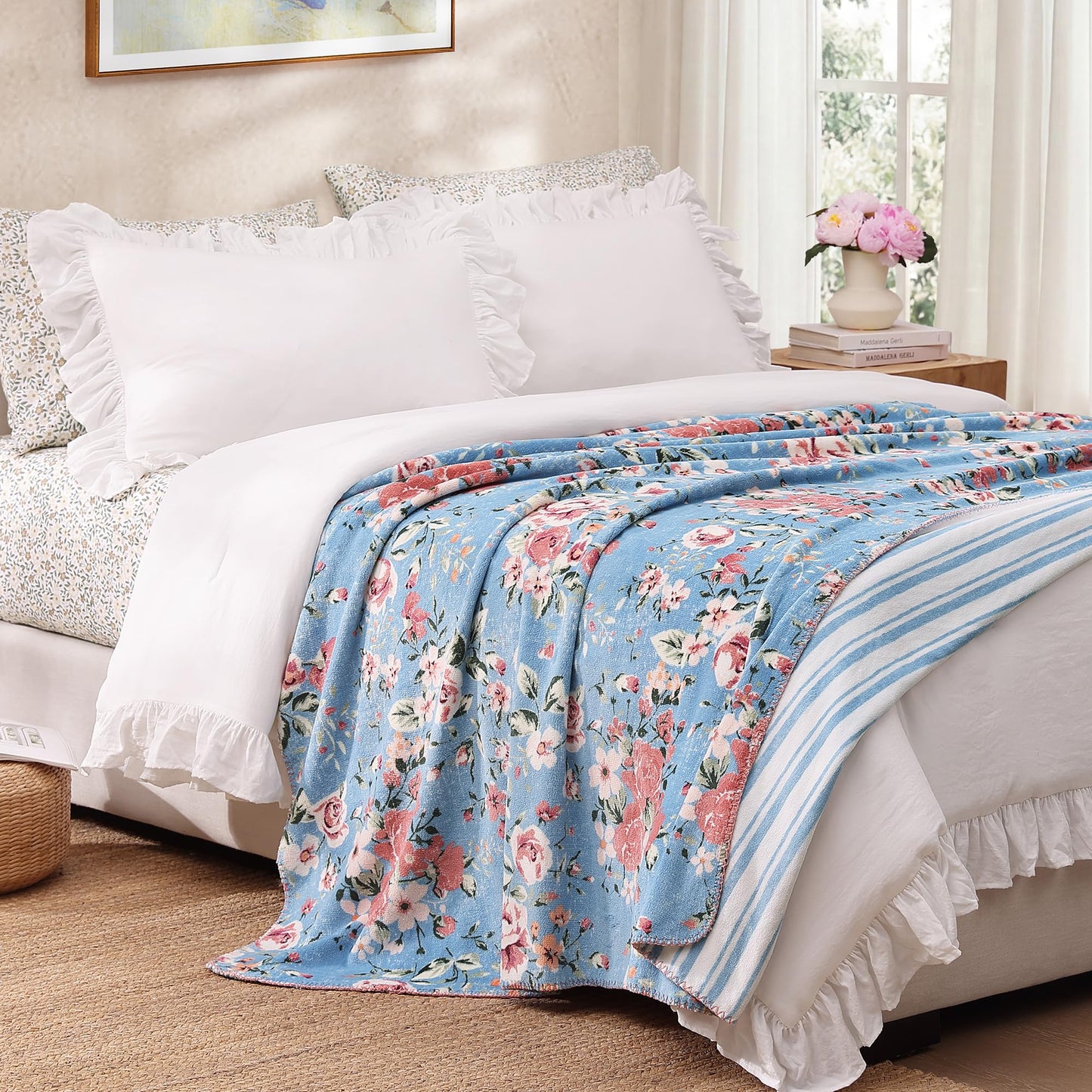 Floral Reversible Throw Blanket, Coco Flannel Bed Blankets for Women Gifts