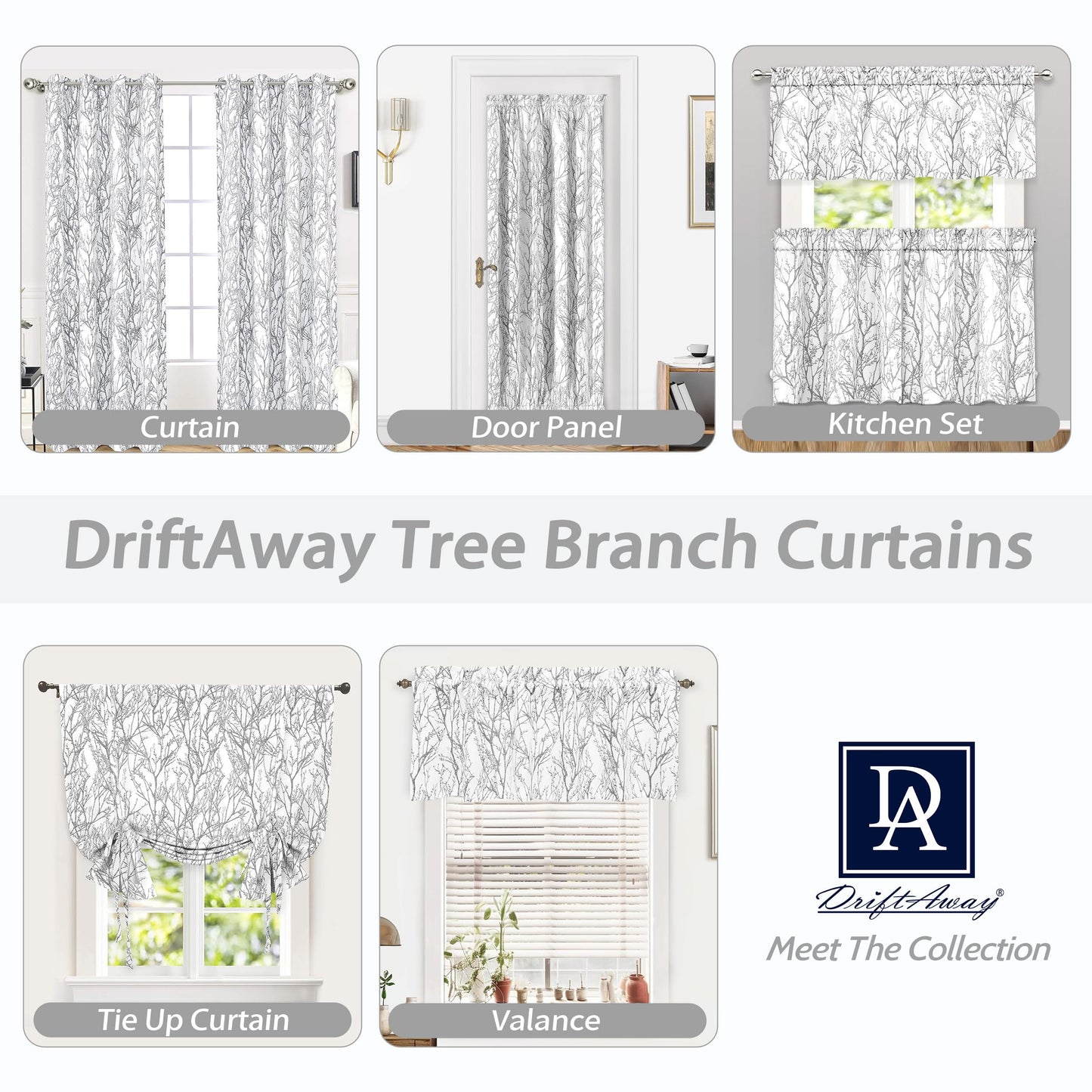 DriftAway Tree Branch Lined Valance Double Layer Blackout Thermal Insulated Abstract Ink Printing Window Curtain Valance Rod Pocket 52 Inch by 14 Inch Plus 2 Inch Header Silver Gray 1 Pack