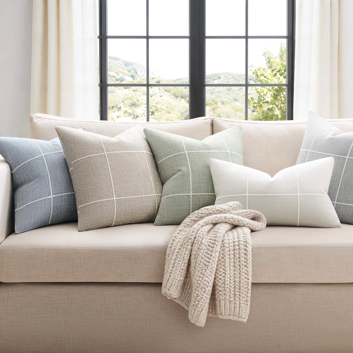 YZJZEDS 2 Packs Grid Embroidery Throw Pillow Covers, 18x18 Inch Light Sage Green, Farmhouse Linen Decorative Light Green Cushion Covers for Sofa Bed Living Room Home Decor