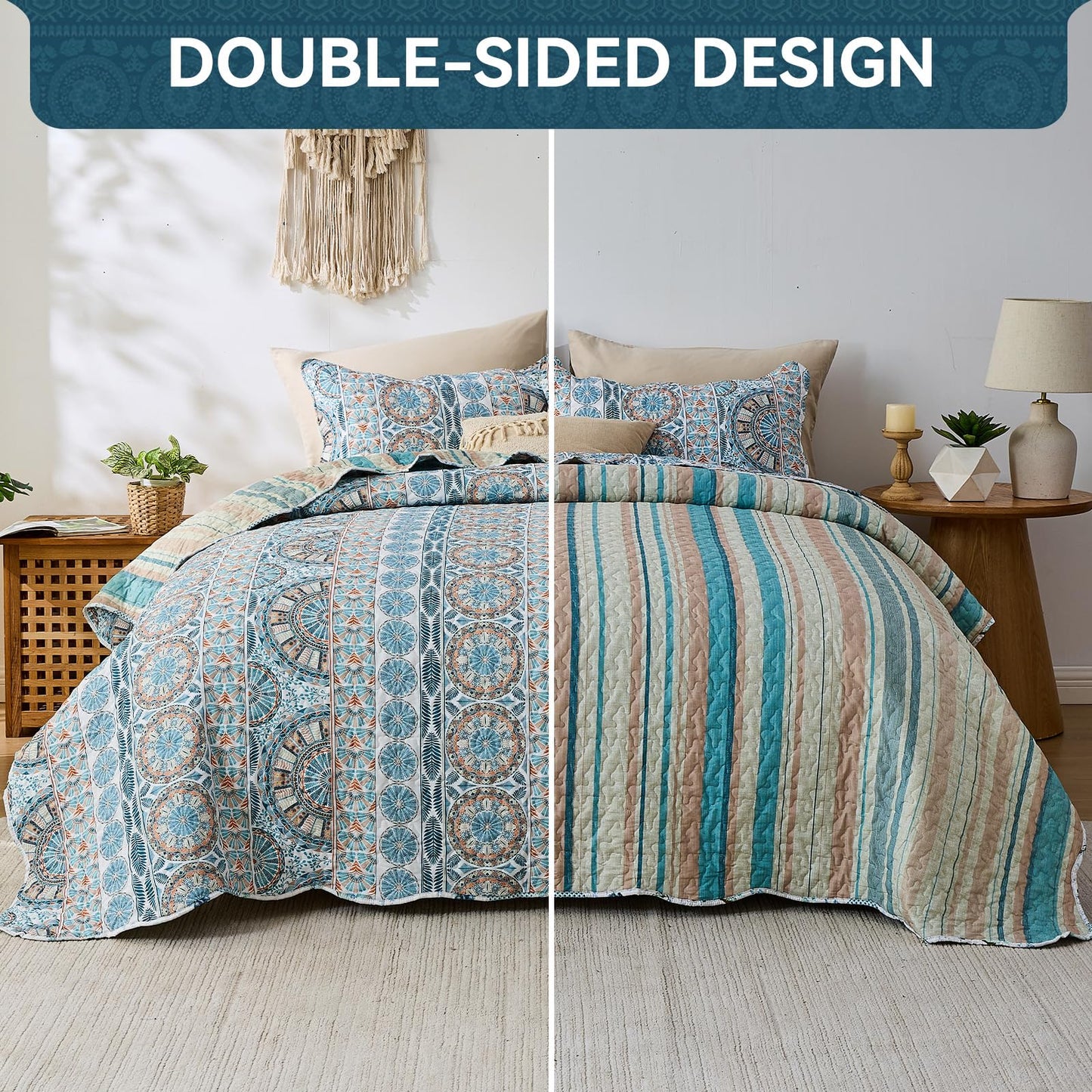 Qucover King Size Quilt Bedding Set, Teal Blue Striped Reversible Boho Quilt Sets, 3pc Lightweight Microfiber Oversized King Bedspread Coverlet for All Season, Bohemian Bedroom Decor