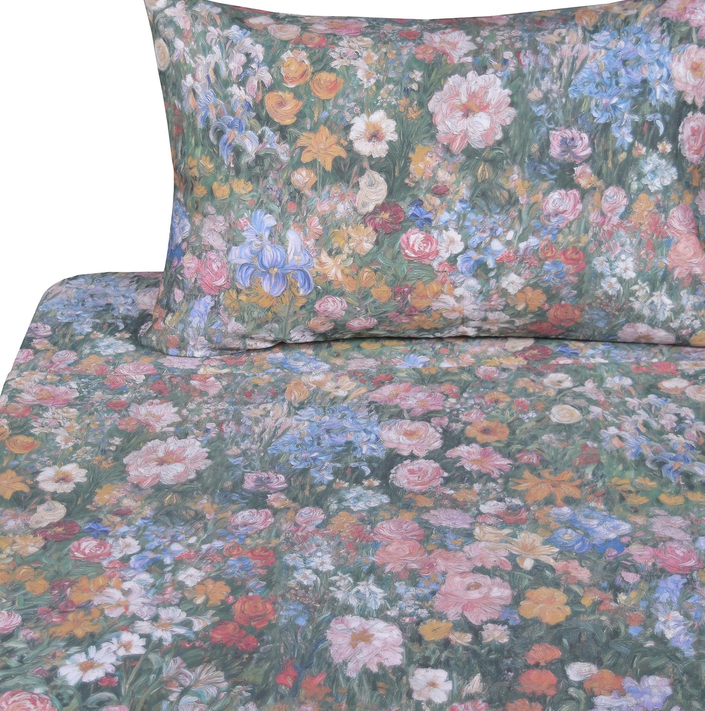 J-pinno Flower Bloom Floral Impressionism Oil Painting Botanical Wildflower Sheet Set for Kids Girls Children100% Cotton Flat Sheet + Fitted Sheet + Pillowcase Bedding Decoraltion (Green Garden, Twin)