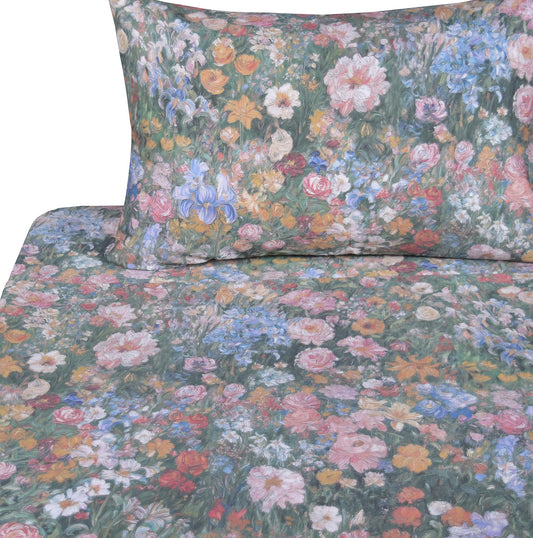 J-pinno Flower Bloom Floral Impressionism Oil Painting Botanical Wildflower Sheet Set for Kids Girls Children100% Cotton Flat Sheet + Fitted Sheet + Pillowcase Bedding Decoraltion (Green Garden, Twin)