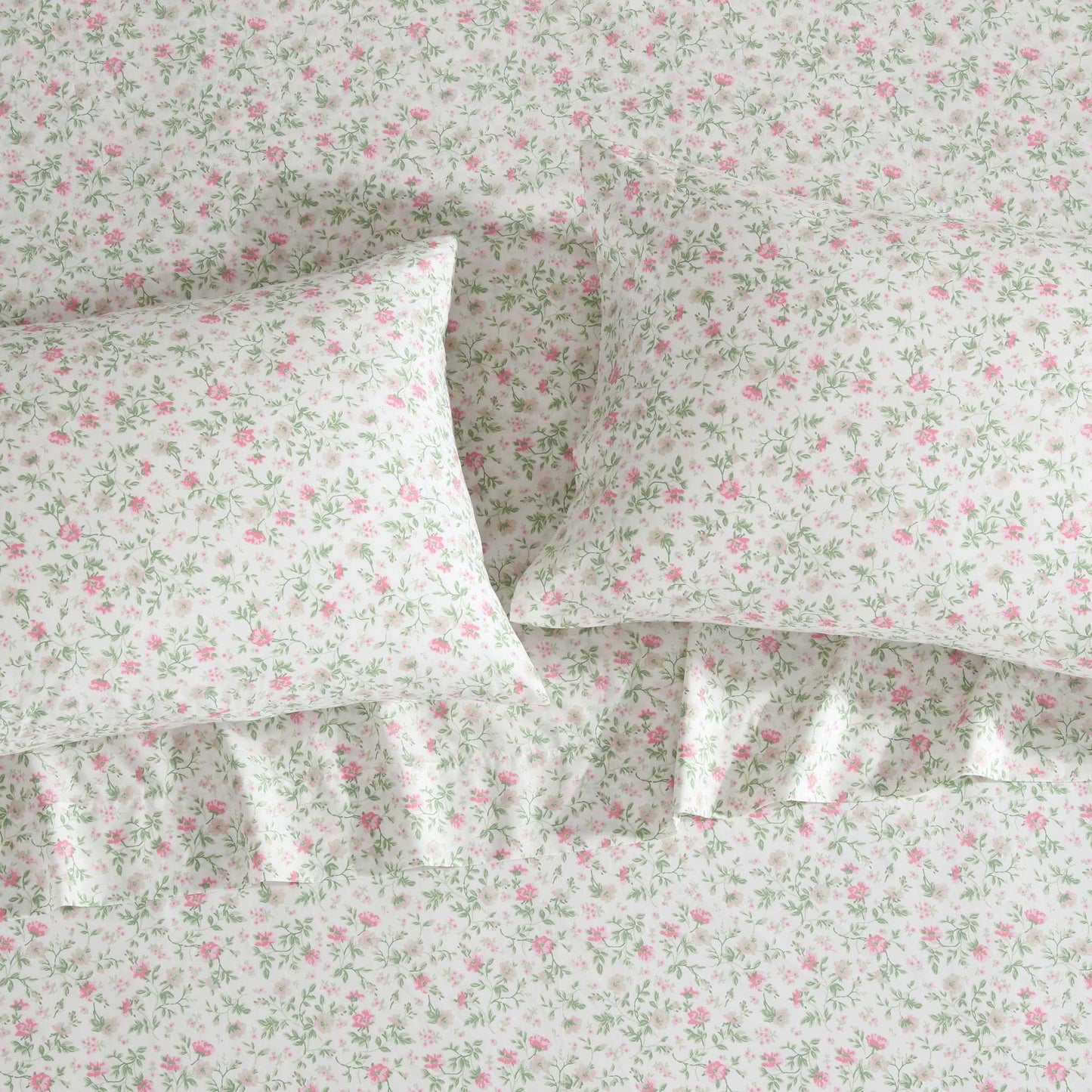 Laura Ashley - King Sheet Set, Super Soft Cotton Percale Bedding Set with Matching Shams, Oeko-Tex Certified (Bonnie Pink, King)