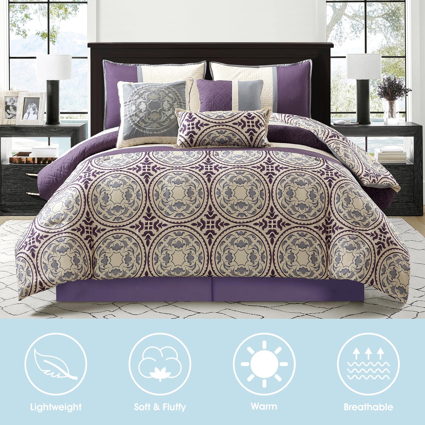 LANCO MODERN LIFESTYLE King Size Comforter Set, Purple, Soft Microfiber Print Fabric Bedding Set, Luxury Home Decor, Bed in a Bag, 7 Pieces Included Comforter, Bedskirt, Shams and Decor Pillows