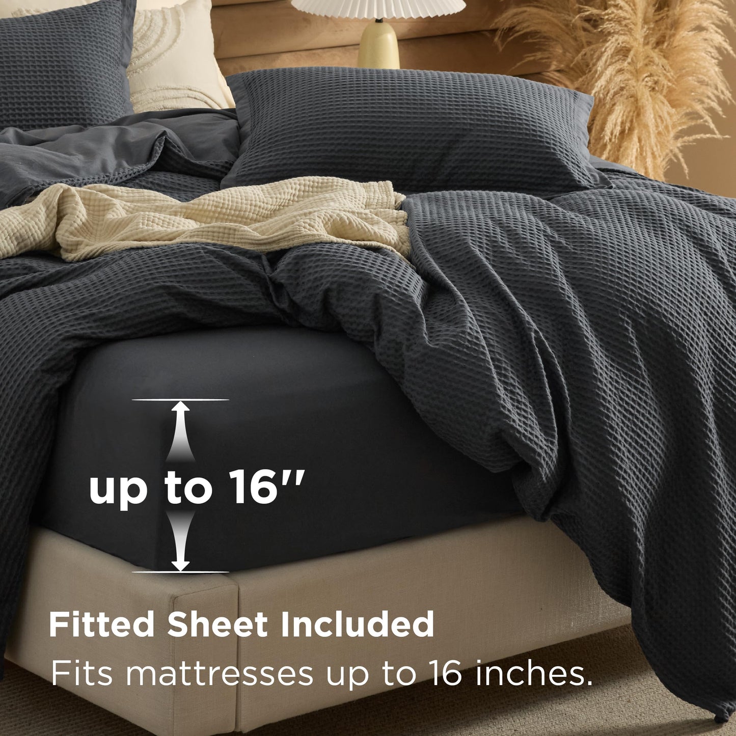 Bedsure 100% Cotton Duvet Cover Queen Size with Fitted Sheet - 4 Pieces Charcoal Waffle Weave Duvet Covers, PureWowen Breathable Bedding Set, 1 Duvet Cover 90x90, 1 Fitted Sheet, 2 Pillow Shams