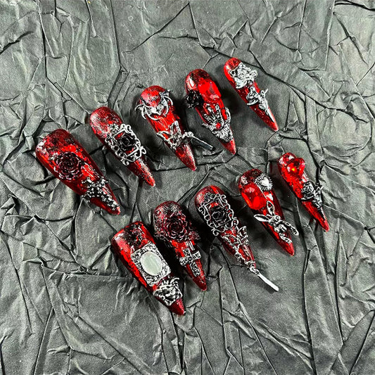 Press on Nails Handmade Nails 10Pcs Dark Gothic Style Manual Press on Nails Bloody Mary Fake Nails for Women Party Holiday Photo Size S
