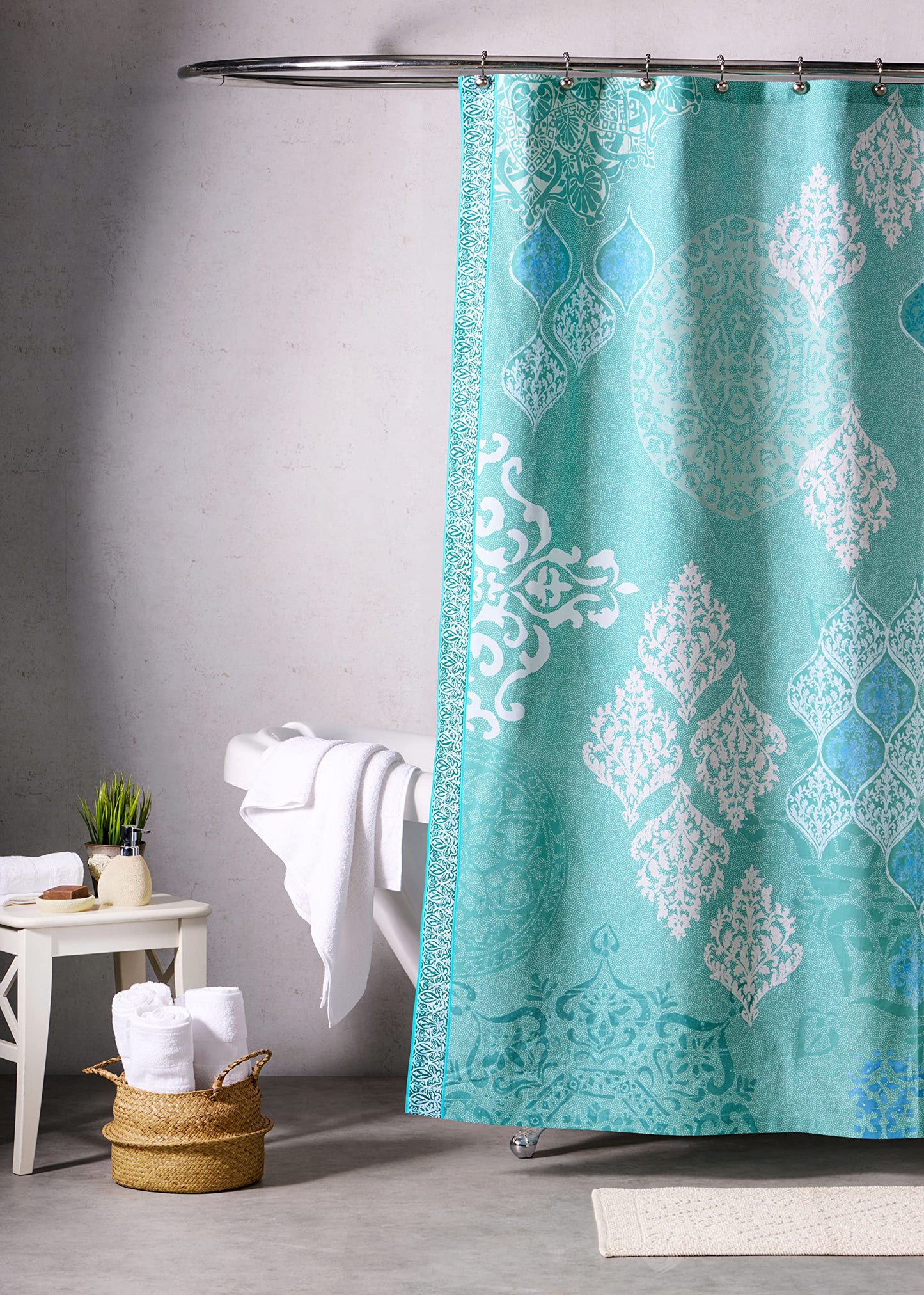 Maison d' Hermine Shower Curtain 100% Cotton One Panel 70"x72" Washable Fabric Shower Curtains for Bathroom, Easy Hanging with 12 Button Holes - Home Spa Spring Summer - Versailles - Turquoise