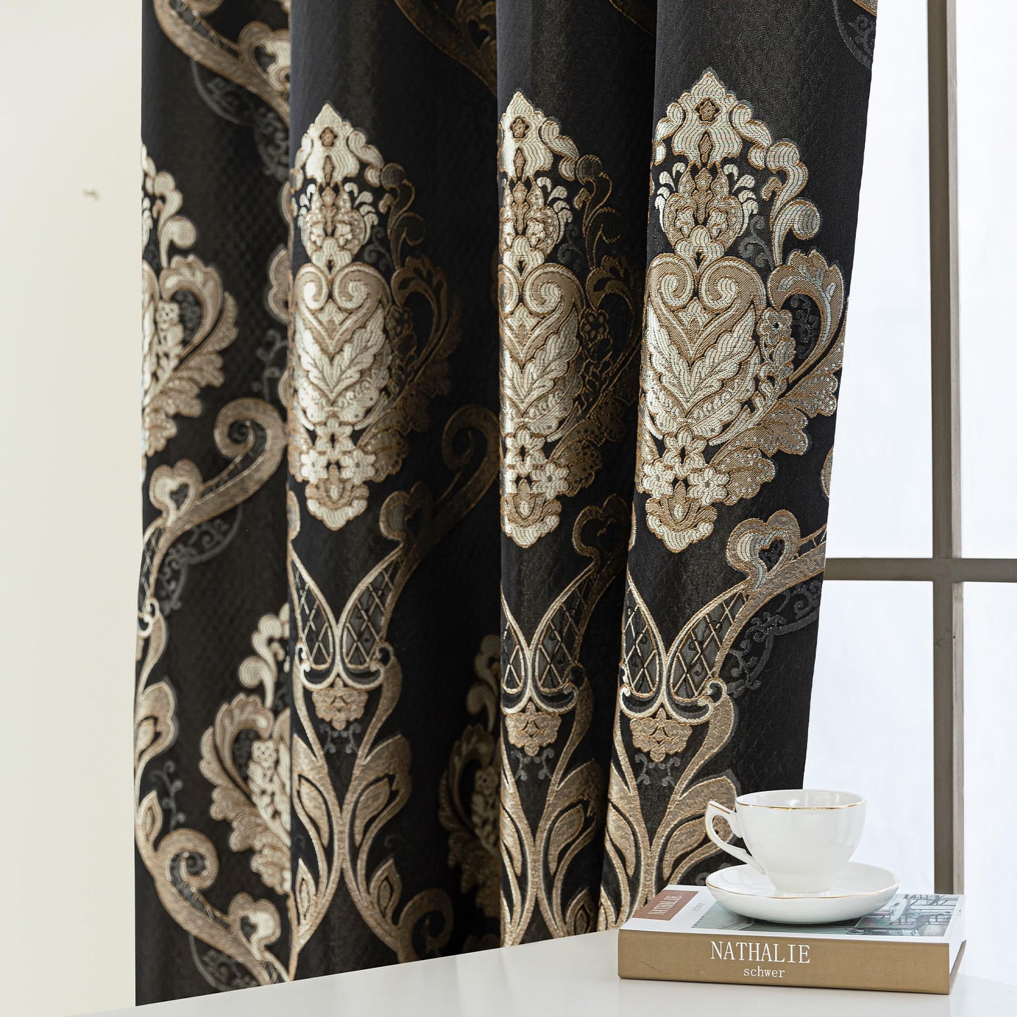Loom and Mill Luxury Damask Curtains for Bedroom, Lined Thick Jacquard Blackout Curtains with Tiebacks, Window Curtain for Living Room Party Banquet Decor (2 Panels, 52 x 84 Inch, Black)