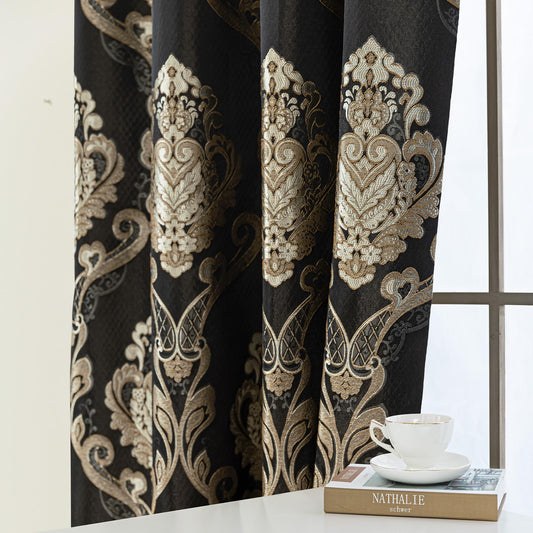 Loom and Mill Luxury Damask Curtains for Bedroom, Lined Thick Jacquard Blackout Curtains with Tiebacks, Window Curtain for Living Room Party Banquet Decor (2 Panels, 52 x 84 Inch, Black)