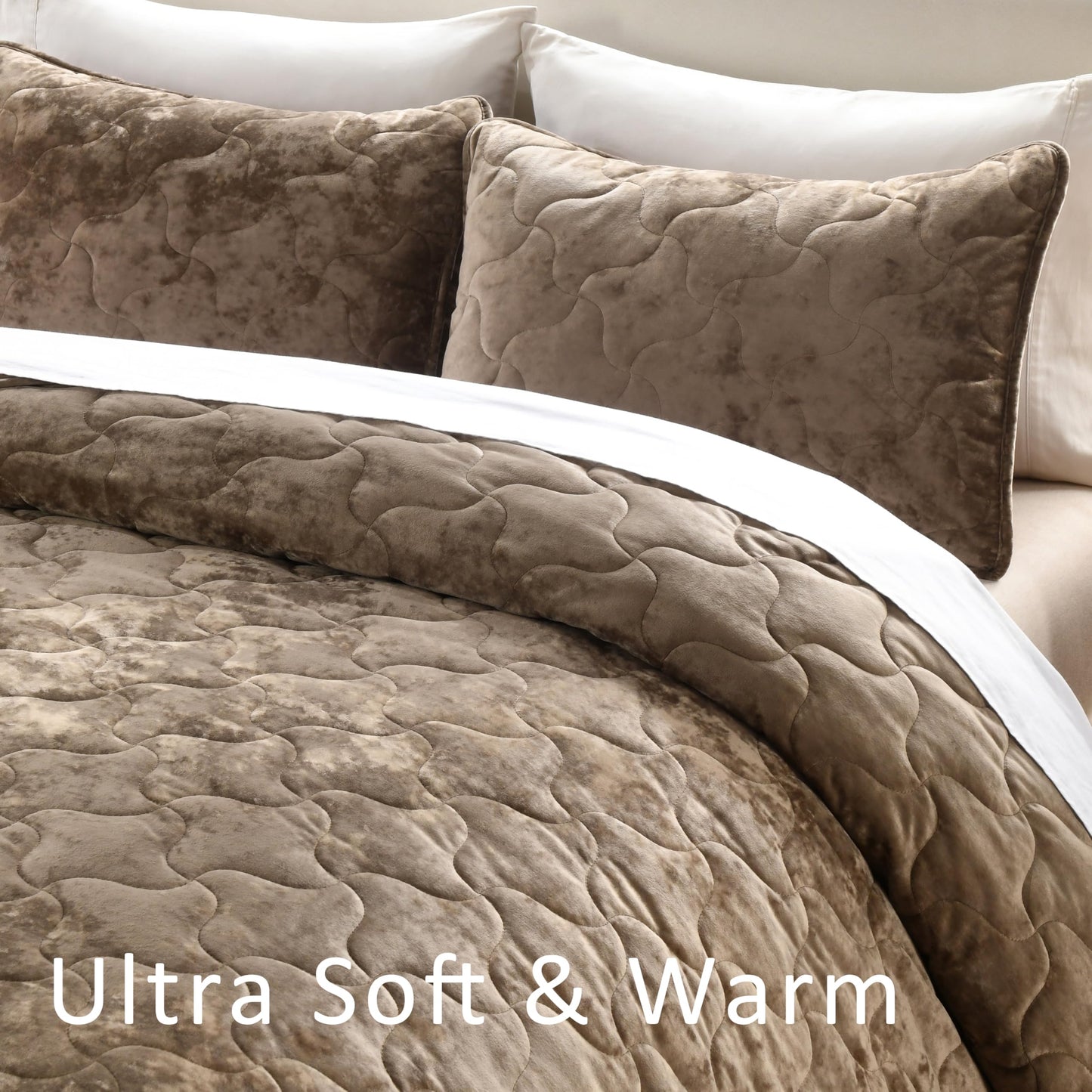 Homzard Luxury Velvet Quilt Set Queen Size Bedding, Mocha Brown Comforter Set, Ultra-Soft Striped Channel Stitch All Season Comforter, Thermal Bedspread Coverlet with 2 Pillow Shams