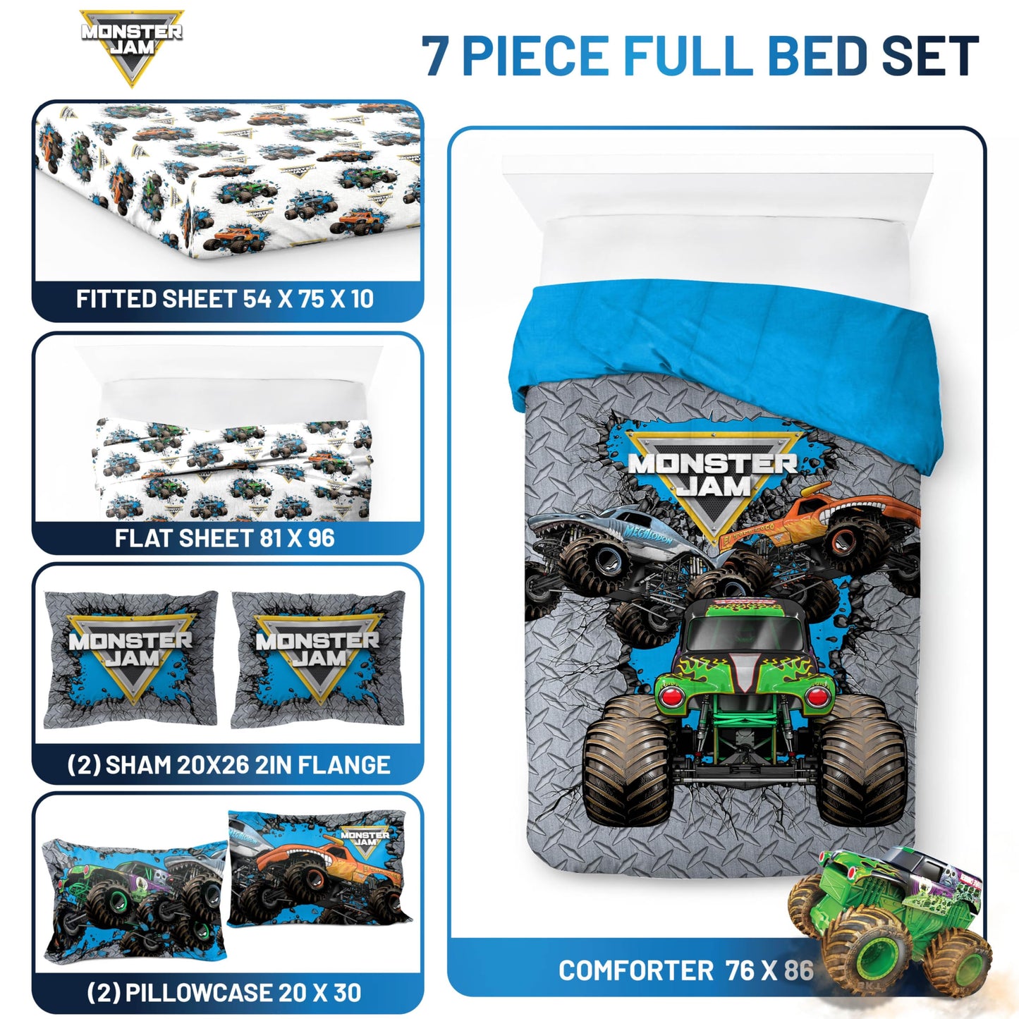 Jay Franco Kids Comforter Set Includes Sheets and Pillow Covers - Soft and Cozy Bed Set for Stylish Room Decor, Gray - Monster Jam 01, 7 Piece Full Size Bedding