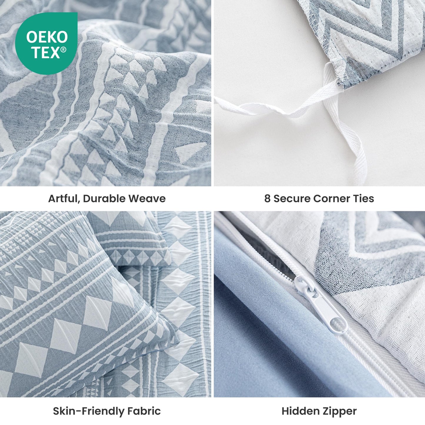 SLEEP ZONE Duvet Cover Set Queen, Luxury Jacquard Boho Rhombus Soft and Breathable 3 Pcs Comfy Bedding Set Duvet Cover with Zipper Closure and 2 Pillow Shams, Blue