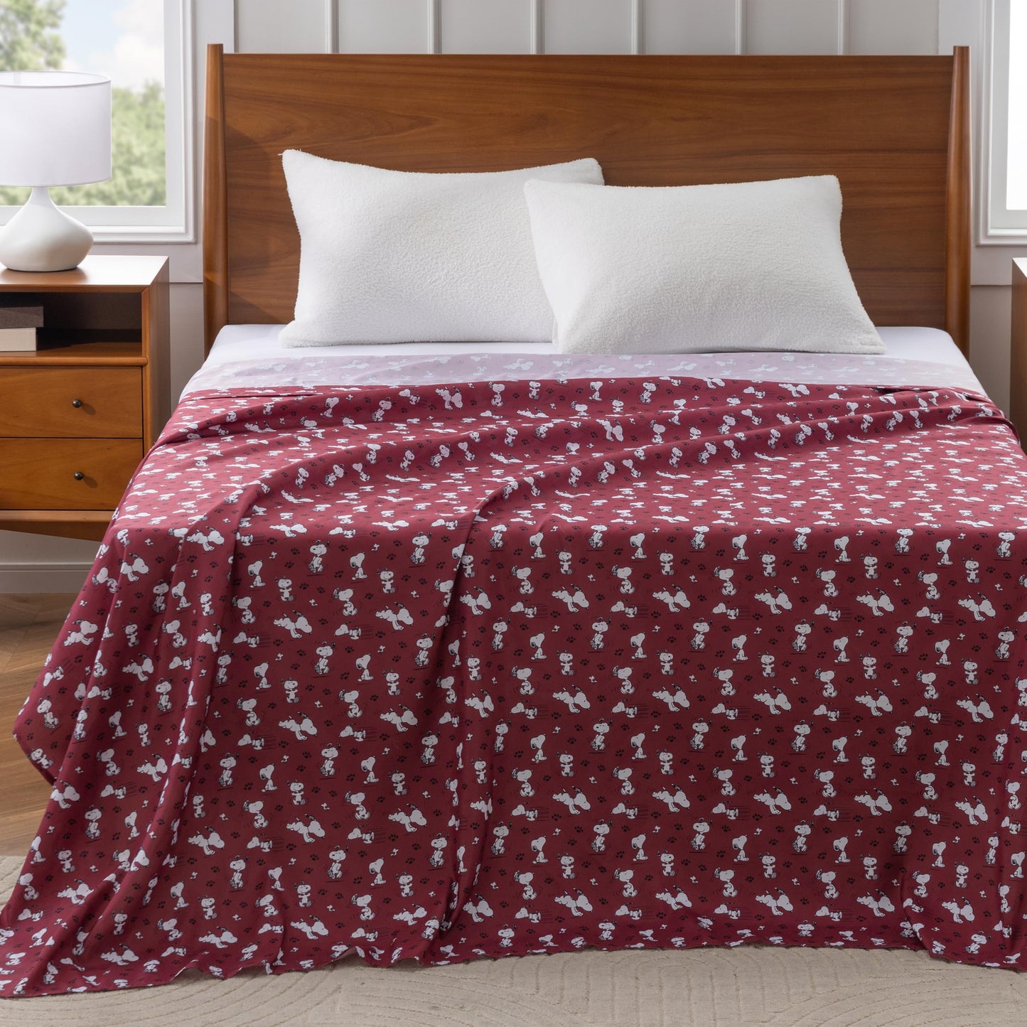 Berkshire Peanuts® Twin Flat Sheet (Only), Brushed Microfiber Sheet with Cute Snoopy Characters, Soft, Breathable, Easy-Care Bedding for Peanuts Fans, Mini Poses & Paws Wine
