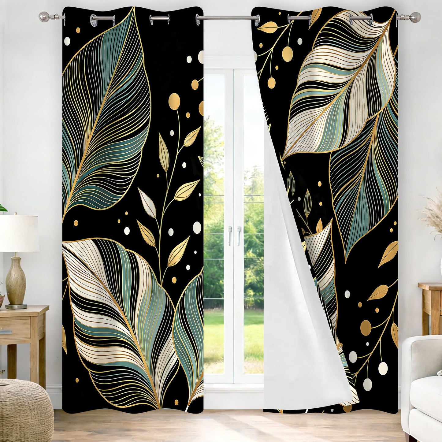 MYUSRE Black and Gold Leaf Curtains for Bedroom, 2 Panels 42x84 inch