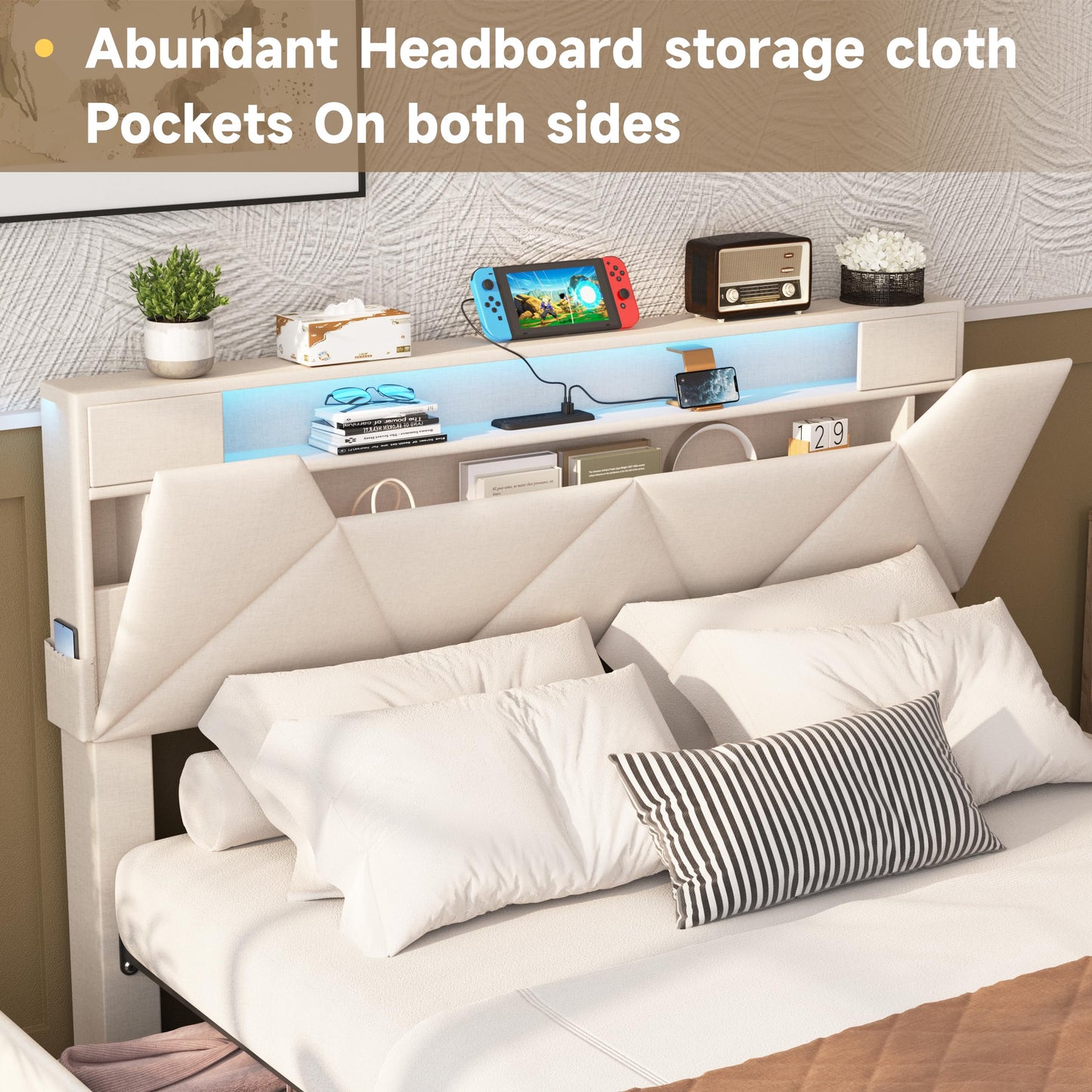 Vabches Full Bed Frame with Storage Headboard and 4 Drawers,Upholstered Platform with Charging Station and Led Lights,Adjustable Headboard,No Box Spring Needed,Beige