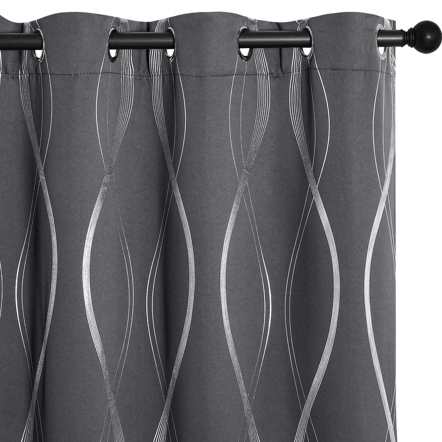 NICETOWN Grey Blackout Striped Pattern Curtains for Living Room 84 inch Long 2 Panels Set, Noise Reducing Thermal Insulated Wave Line Foil Print Bedroom Drapes for Patio Sliding Glass Door (52 x 84)