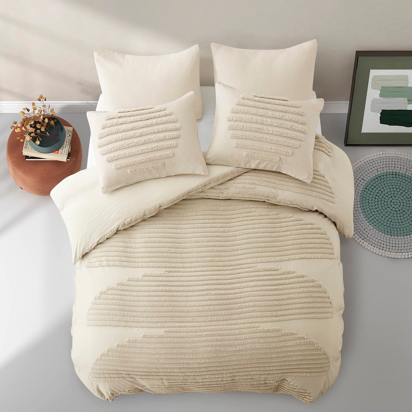 BEDAZZLED Queen Size Duvet Cover, 5 Pieces Beige Textured Duvet Cover Sets, Soft and Breathable Boho Tufted Bedding Comforter Cover Set for Gifts, Comforter Not Included (Beige, Queen)