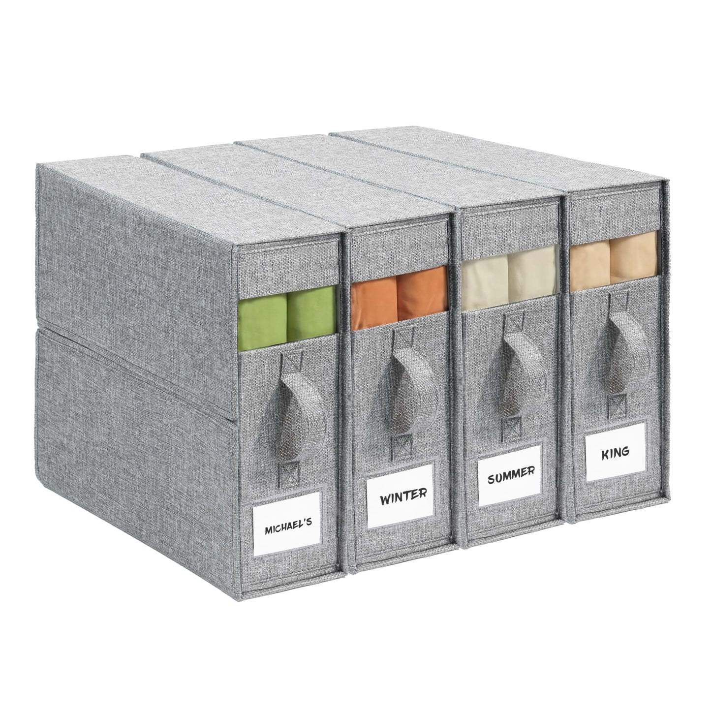 4Pack Sheet Organizers for Linen Closet - King/Queen Size Bedding Storage Boxes with Clear Window, Foldable & Dustproof Linen Organizer for Blankets & Sheet Sets,Grey