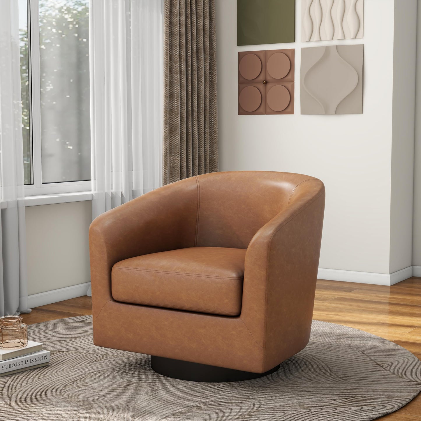 Pia Ricco Swivel Accent Chairs Set of 2, Faux Leather 360° Swivel Round Barrel Chair, Comfy Upholstered Fabric Single Sofa Club Armchair for Living Room/Reading Room, Brown