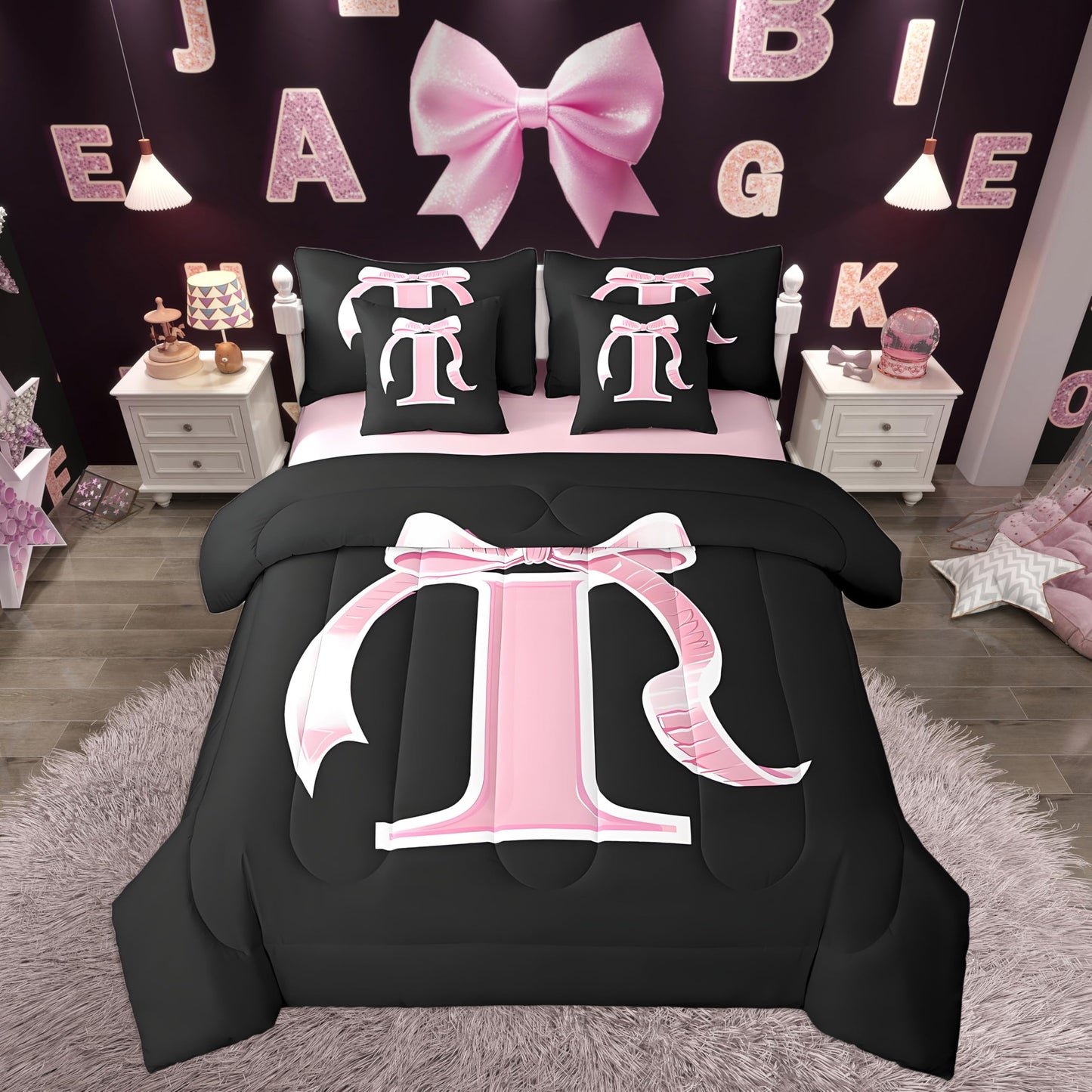 jejeloiu Kids Girls Black Pink Bow Comforter Set with Sheets Twin Size Monogrammed 7 Piece Bedding Set Personalized Initial I Bed in a Bag with Comforter,Sheets,Pillowcases Modern Fashion Bed Set
