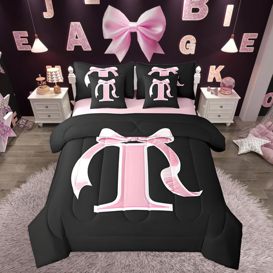 jejeloiu Kids Girls Black Pink Bow Comforter Set with Sheets Twin Size Monogrammed 7 Piece Bedding Set Personalized Initial I Bed in a Bag with Comforter,Sheets,Pillowcases Modern Fashion Bed Set