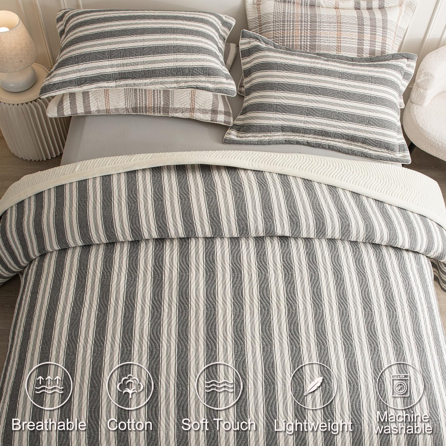 tohrisa Cotton Striped Quilt Set, Ultra Soft 3 Pieces King Size Bedding with 2 Pillow Shams, Lightweight Reversible Coverlet Bedspread with Wave Quilting for Summer, 108"x96", Stripe-Grey White