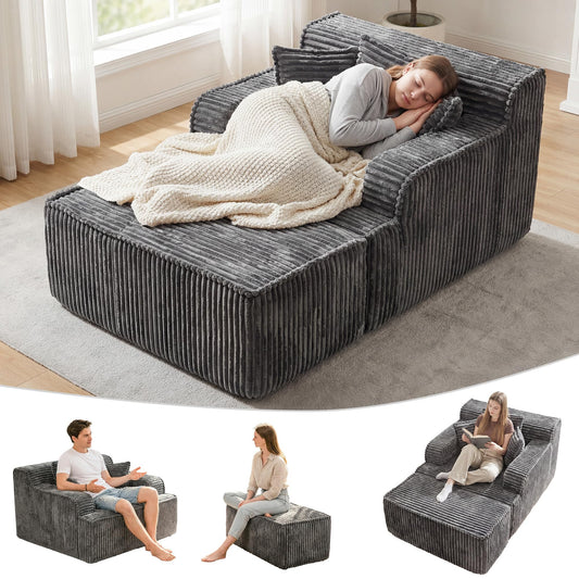 feliz home Chaise Lounge Chair Indoor,Boneless Chair with Ottoman,Comfy Reading Chair for Adults,Small Sofa Bed Couch for Living Room,Single Sleeper Chair Bed,Grey
