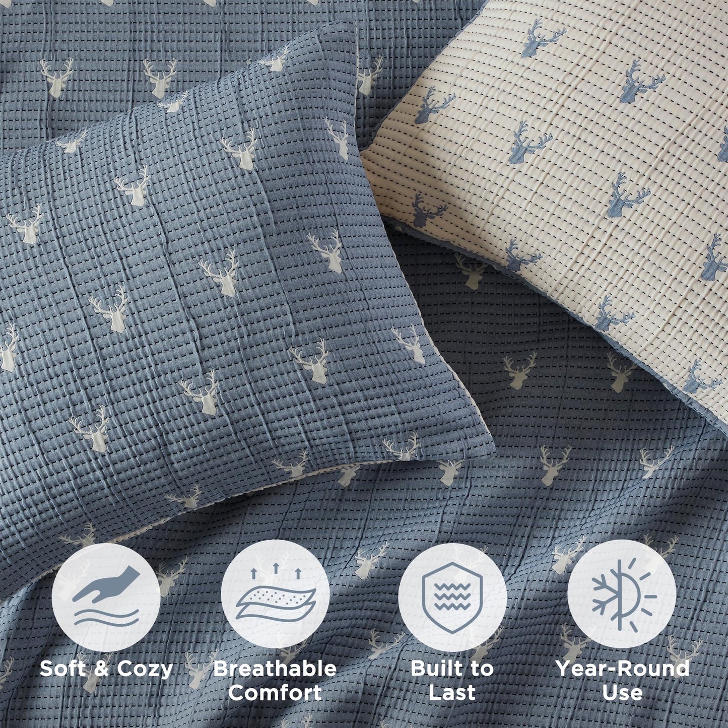 Woolrich Coverlet Set Rustic Lodge Design, 3 Piece Set All Season, Lightweight Reversible Farmhouse Bedspread Bedding, Shams, Full/Queen, Blue