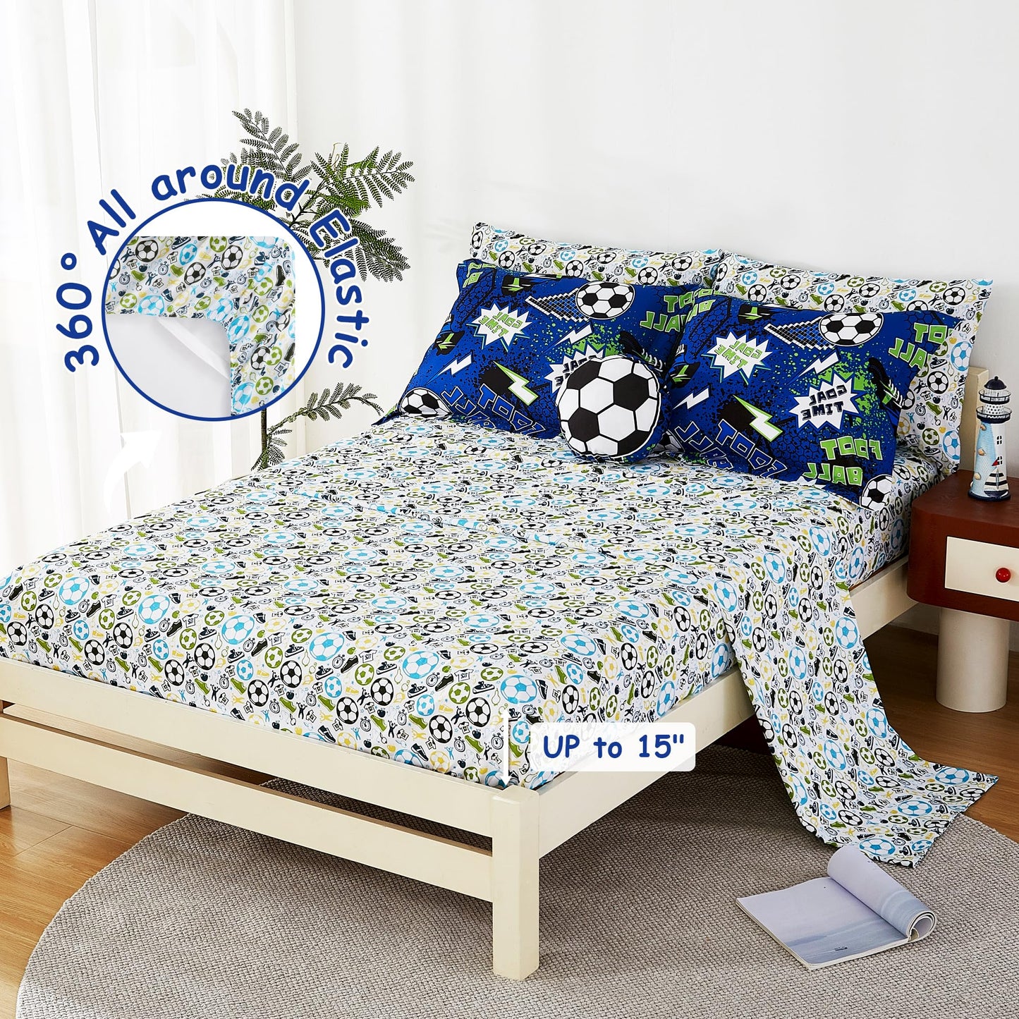 Mooreeke Kids Twin Comforter Sets for Boys 6 Pieces Cool Football Bedding Set for Teens Microfiber Blue Green Soccer Kids Bed in A Bag with Comforter, Sheet Set, Shams and Decorative Toy Pillow
