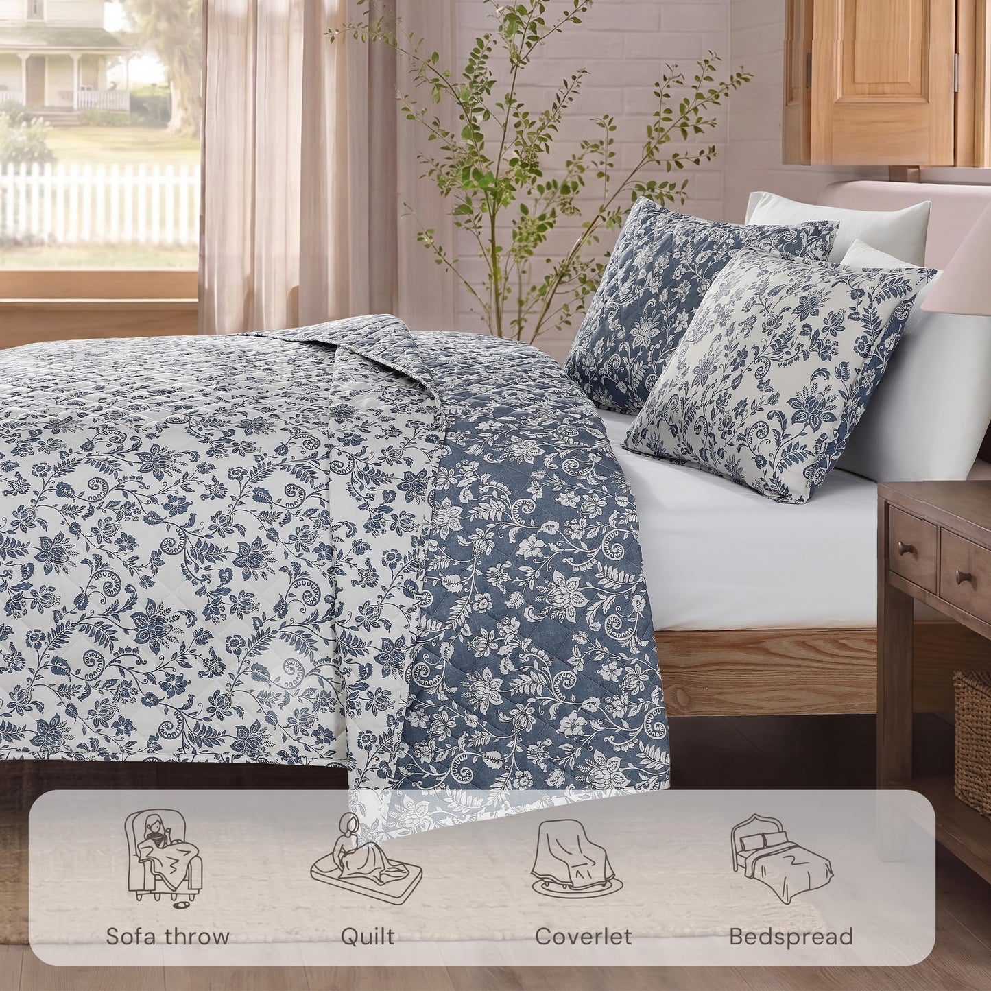 BLOOMHAVEN Quilt Set Queen Size, Oxford Blue Floral Quilt Sets, Reversible Bedspread Lightweight and Breathable for All Seasons, Soft Quilted Bedspread with 2 Pillow Shams