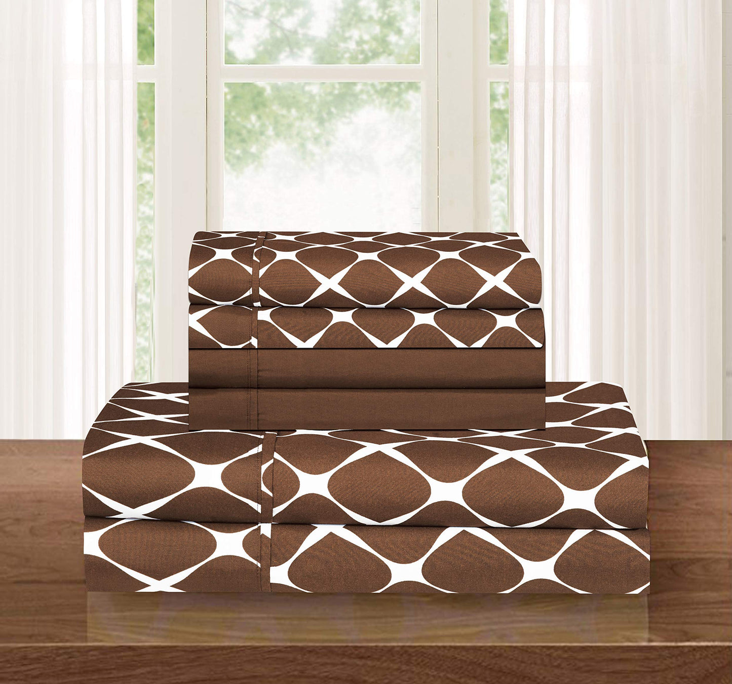Elegant Comfort Luxury Softest and Coziest 6-Piece Bed Sheet Set, Wrinkle Resistant Milano Trellis Pattern-1500 Thread Count Egyptian Quality Microfiber Bedding Set, Queen, Chocolate Brown