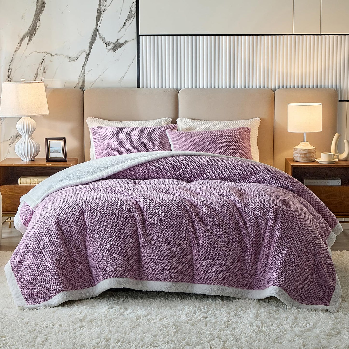 Luxury Flannel Fleece Sherpa Blankets Twin Size for Bed, Jacquard Boho 3-Layer Thick and Warm Blanket for Winter, Soft Cozy Fuzzy Plush Velvet Blanket with 2 Pillow Cases, Purple, 68x86 Inches