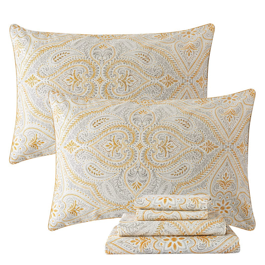 FADFAY Luxury Sheets Set Full Classical Damask Paisley Bedding Luxurious Gold Classy Paisley Bed Sheet Set Breathable 100% Cotton Ultra Soft Hypoallergenic Deep Pocket Fitted Sheet 4Pcs, Full Size