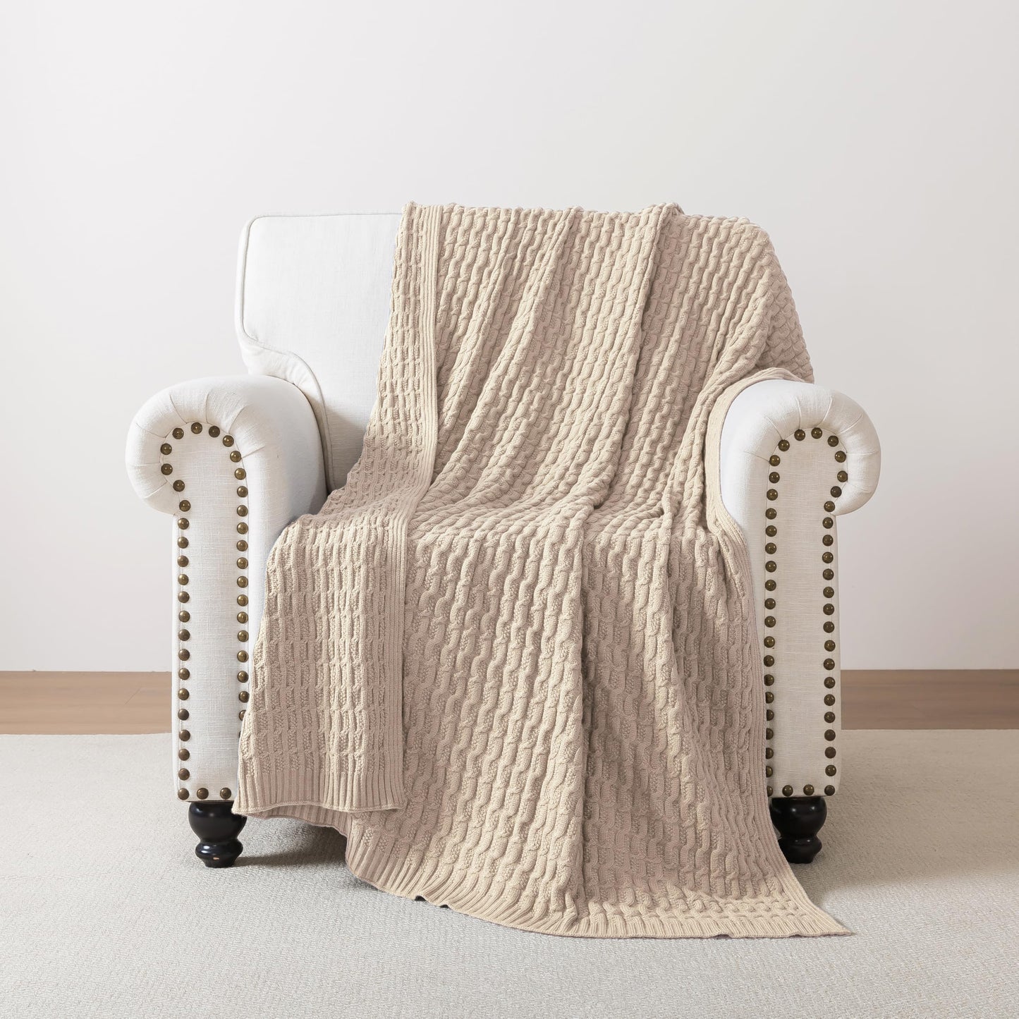 WDCOZY Cable Knit Throw Blanket – Super Soft, Warm & Lightweight Knitted Jacquard Throw Blanket for Couch, Sofa, Bed, Chair, Cozy Texture Farmhouse Decorative Home Blanket, Beige 50x60 inches