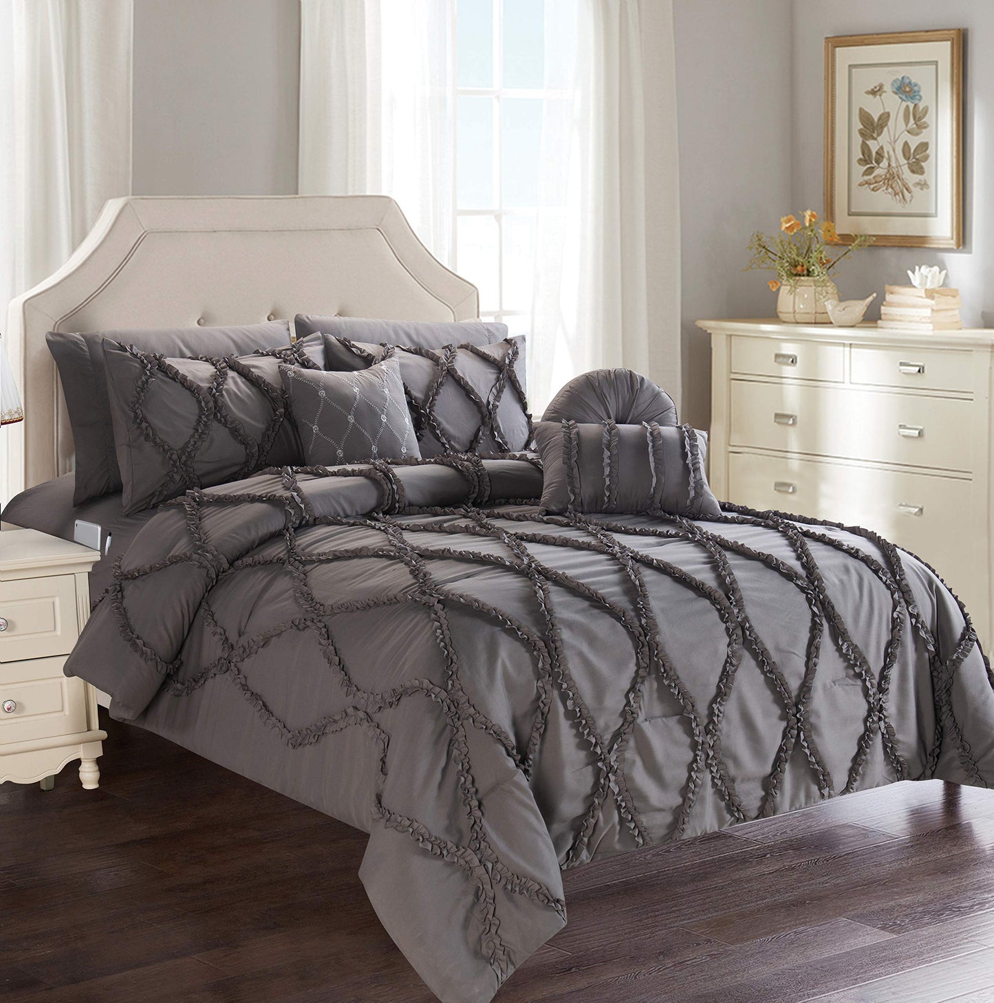 Elegant Comfort Luxury Best, Softest, Coziest 10-PIECE Bed-in-a-Bag Infinity Design Comforter Set, Includes Bed Sheet Set with Double Sided Storage Pockets and Decorative Pillows, Full/Queen, Grey