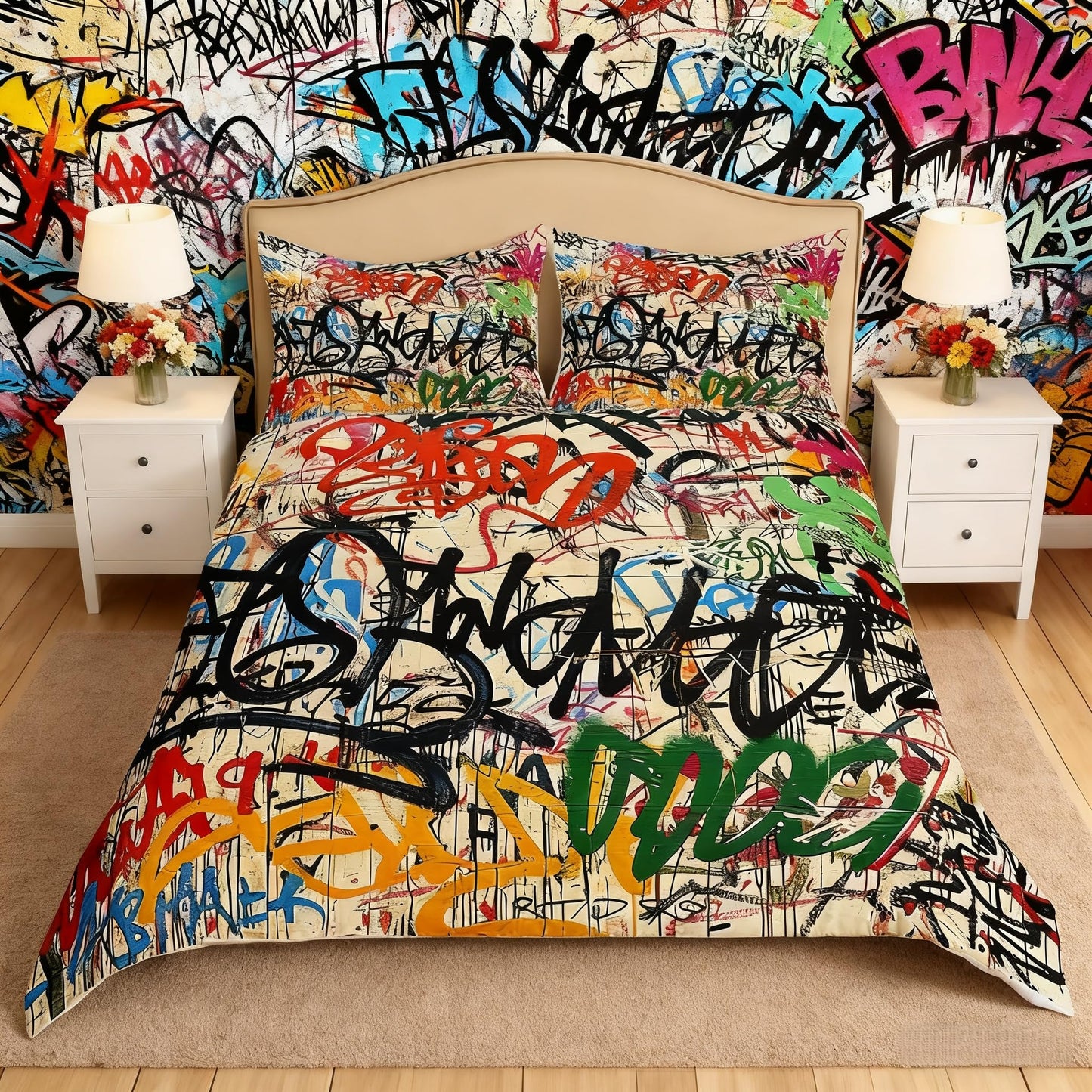 Manfei Graffiti Duvet Cover Set Street Art Hip Hop Bedding Set 3pcs for Kids Boys Girls Modern Fashion Design Comforter Cover Microfiber Bedspread Cover with 2 Pillow Cases(No Comforter) Queen Size