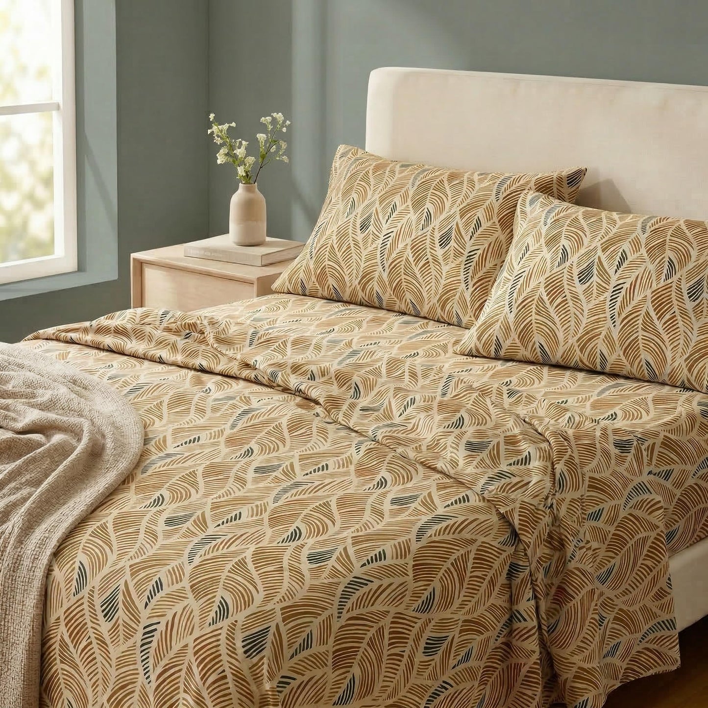 HCORA Boho Floral Queen Sheet Set, Ultra Soft Double Brushed Microfiber Bed Sheets, Deep Pocket, Breathable, Wrinkle Resistant, Easy Care, 4PC, Queen Size
