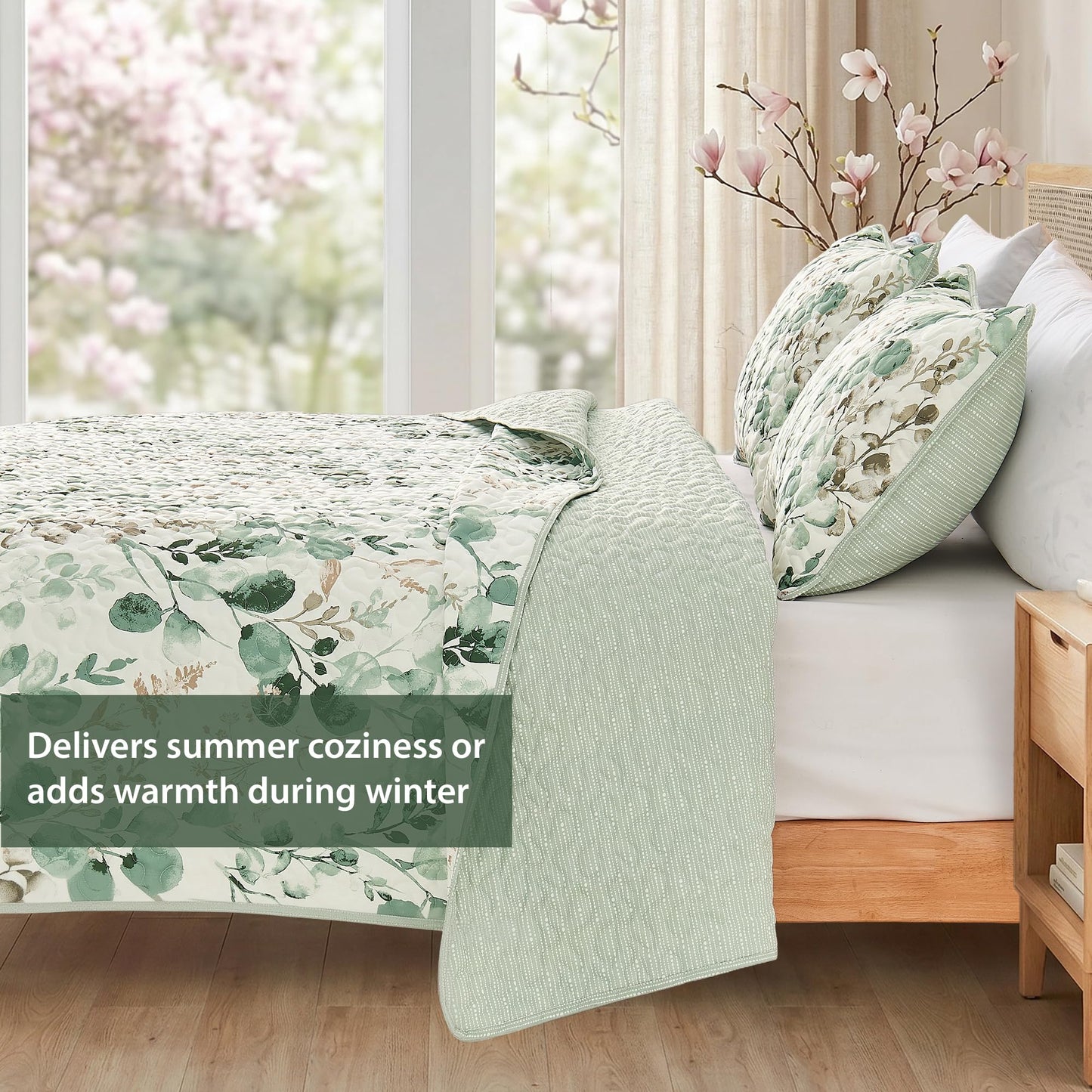 Regency Heights Quilt Set Quilted Bedspread Reversible Lightweight Floral Printed Oversized Quilted Bedding Set with Shams 2pc, Twin Size, Green