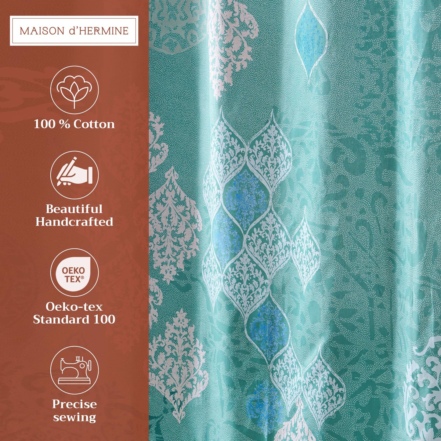 Maison d' Hermine Shower Curtain 100% Cotton One Panel 70"x72" Washable Fabric Shower Curtains for Bathroom, Easy Hanging with 12 Button Holes - Home Spa Spring Summer - Versailles - Turquoise