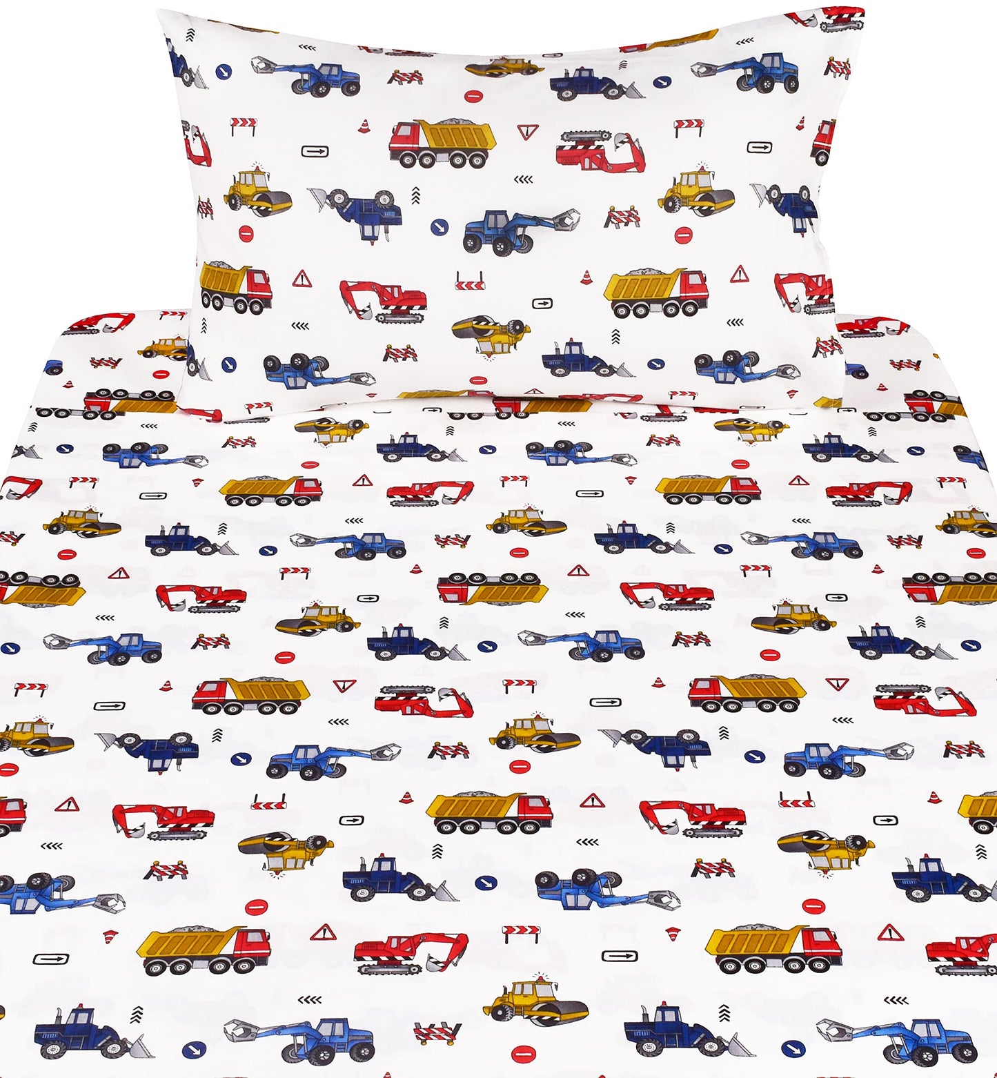 J-pinno Building Construction Car Truck Digger Transport Vehicle Twin 100% Cotton 3 Pieces Sheet Set for Kids Girls Children, Flat Sheet + Fitted Sheet + Pillowcase Bedding Decoration Gift Set