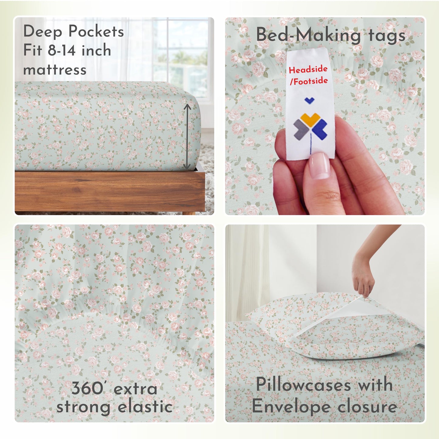 California Design Den Printed Pattern Rose Queen Sheet Set, 100% Cotton Sateen Deep Pocket Queen Sheets & Pillowcase Set - Vintage Rose
