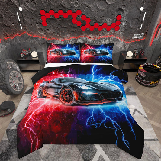 jejeloiu Race Car Comforter Set Twin Size Red Blue Bedding Set for Kids Boys Girls Speed Sports Car Duvet Quilt Extreme Sports Bedroom Decor Microfiber 2 Pcs with 1 Pillow Cases