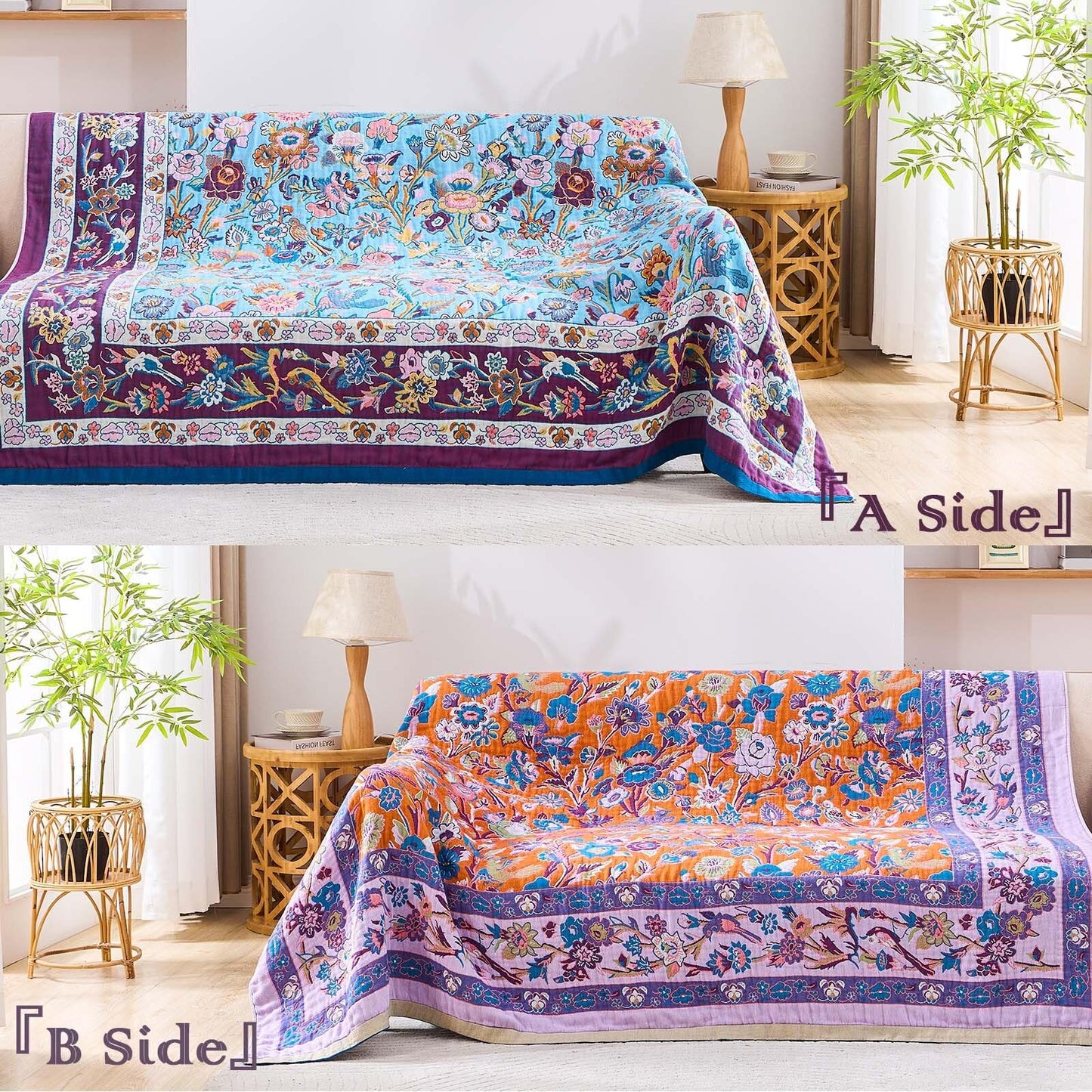 XIBLC Fall Blanket for Bed, 100% Cotton Soft Rustic Boho Throw Blanket Quilt, 60"x80" Farmhouse Decor Bed Flower Blankets, Light Weight Reversible Bohemian Throw Quilt