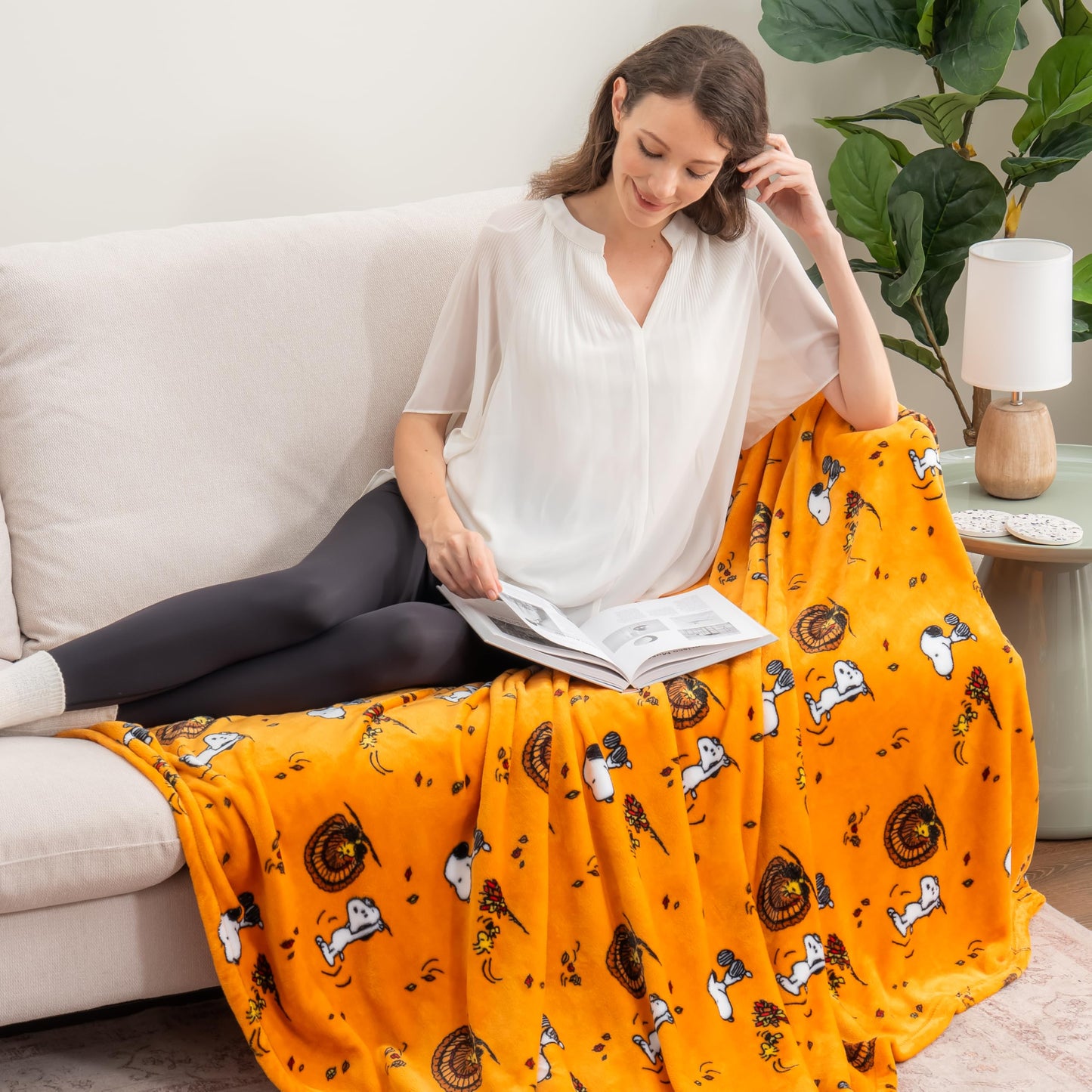 Berkshire Blanket Peanuts® VelvetLoft® Cute Character Snoopy Plush Throw Blanket,Snoopy and Woodstock Fall Birds & Leafs Orange,Throw 55 in x 70 in (Official Peanuts® Product)